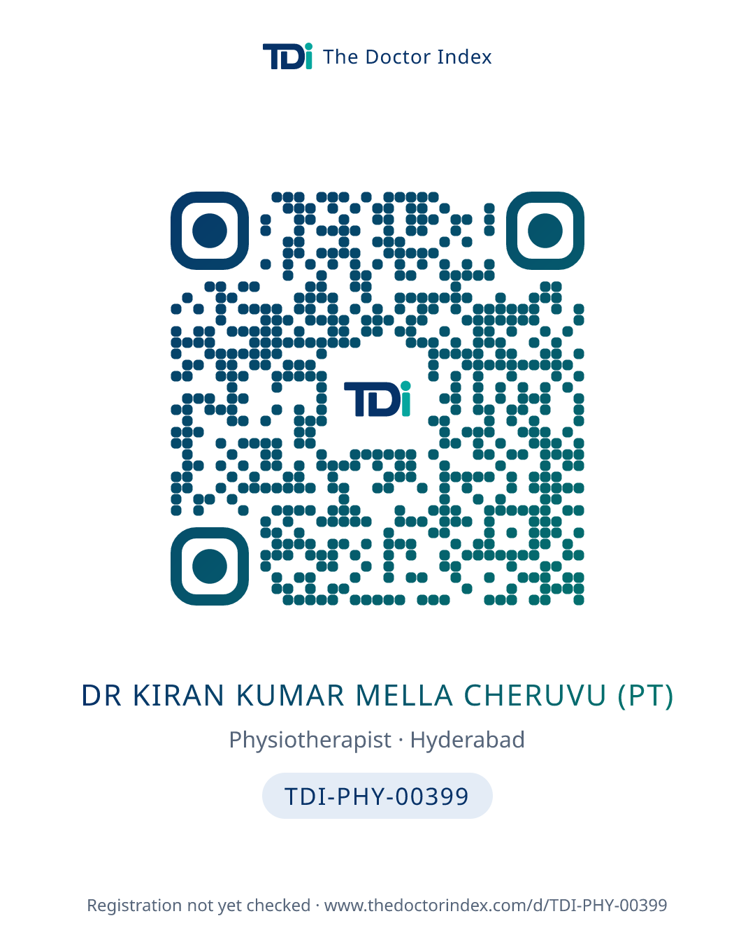 QR card for Dr Kiran Kumar Mella Cheruvu (PT), TDI-PHY-00399