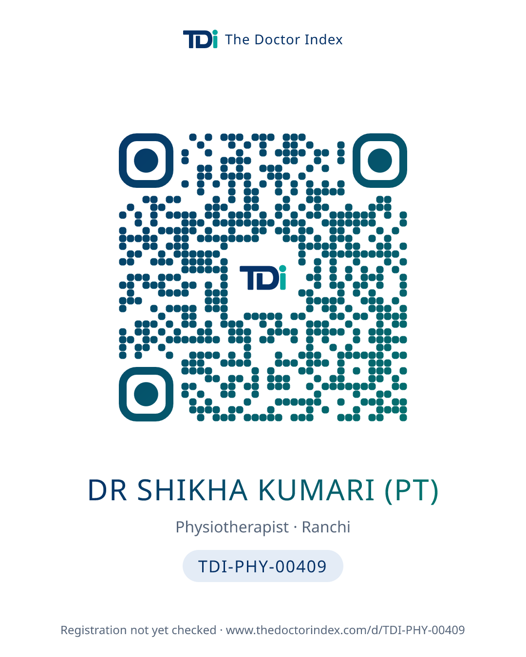 QR card for Dr Shikha Kumari (PT), TDI-PHY-00409