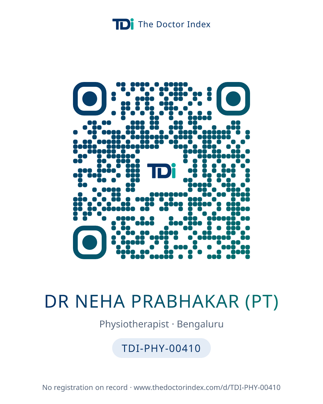 QR card for Dr Neha Prabhakar (PT), TDI-PHY-00410
