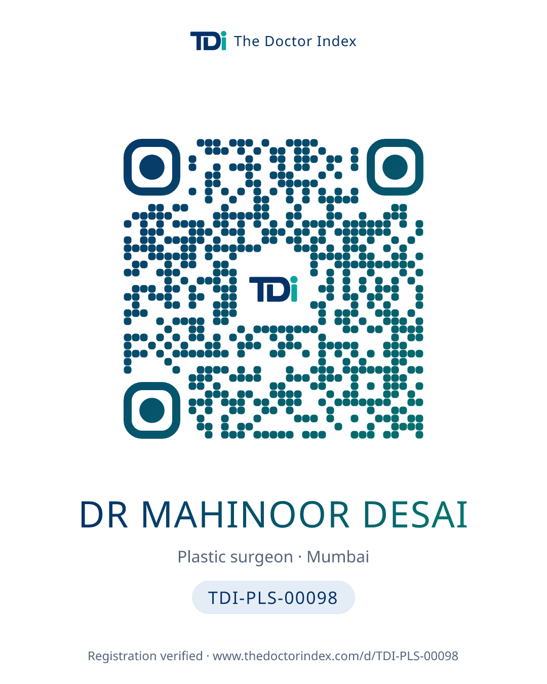 QR card for Dr Mahinoor Desai, TDI-PLS-00098