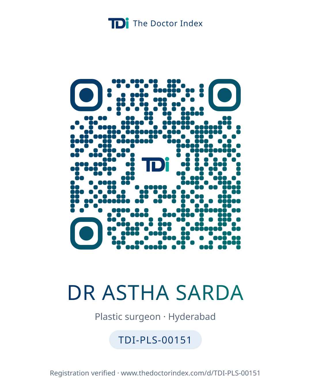QR card for Dr Astha Sarda, TDI-PLS-00151