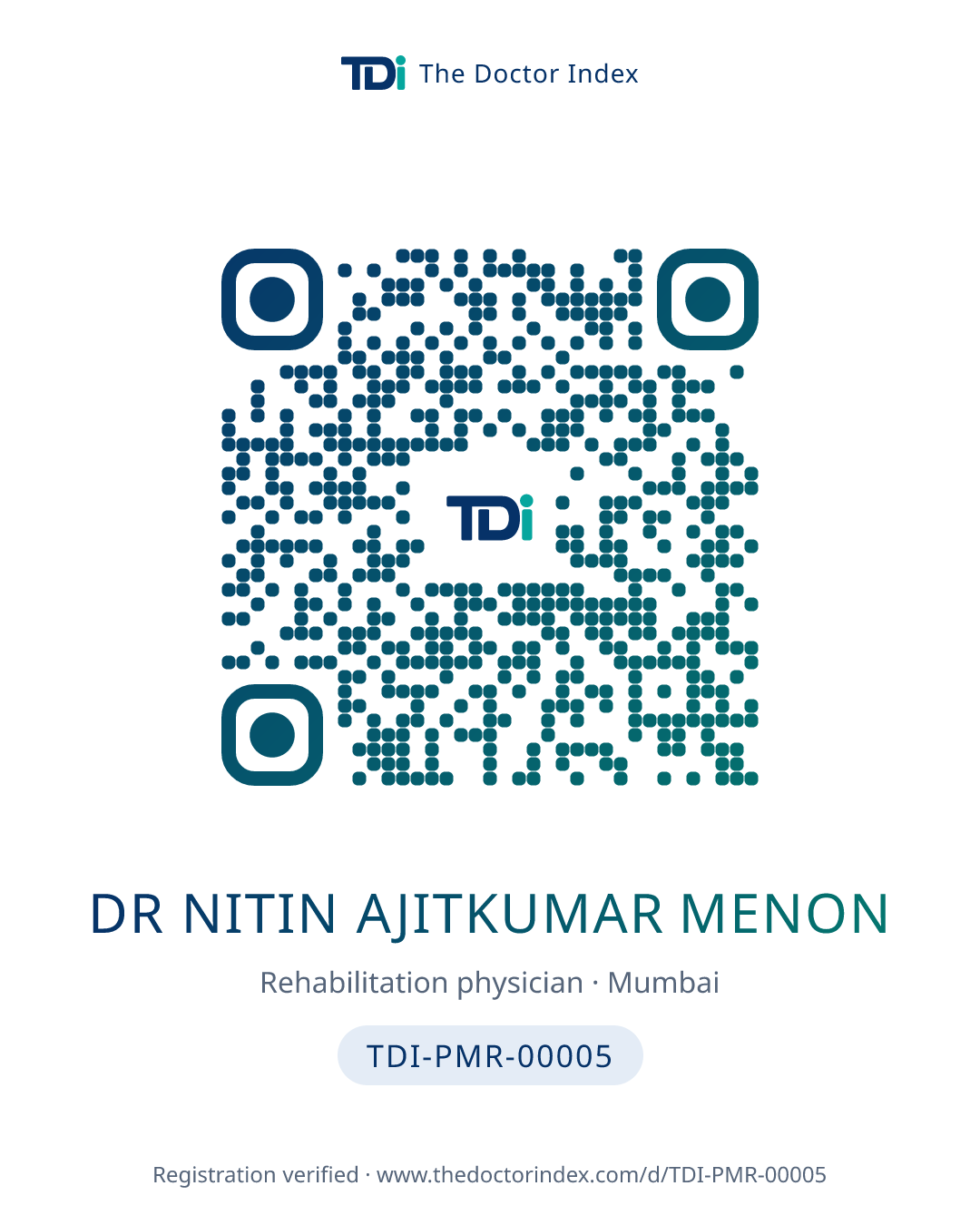 QR card for Dr Nitin Ajitkumar Menon, TDI-PMR-00005