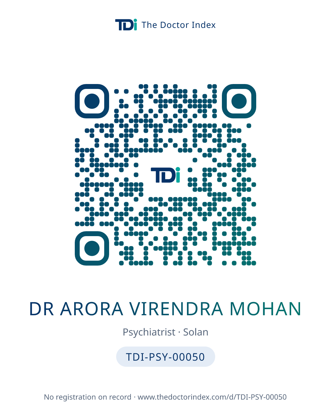QR card for Dr Arora Virendra Mohan, TDI-PSY-00050