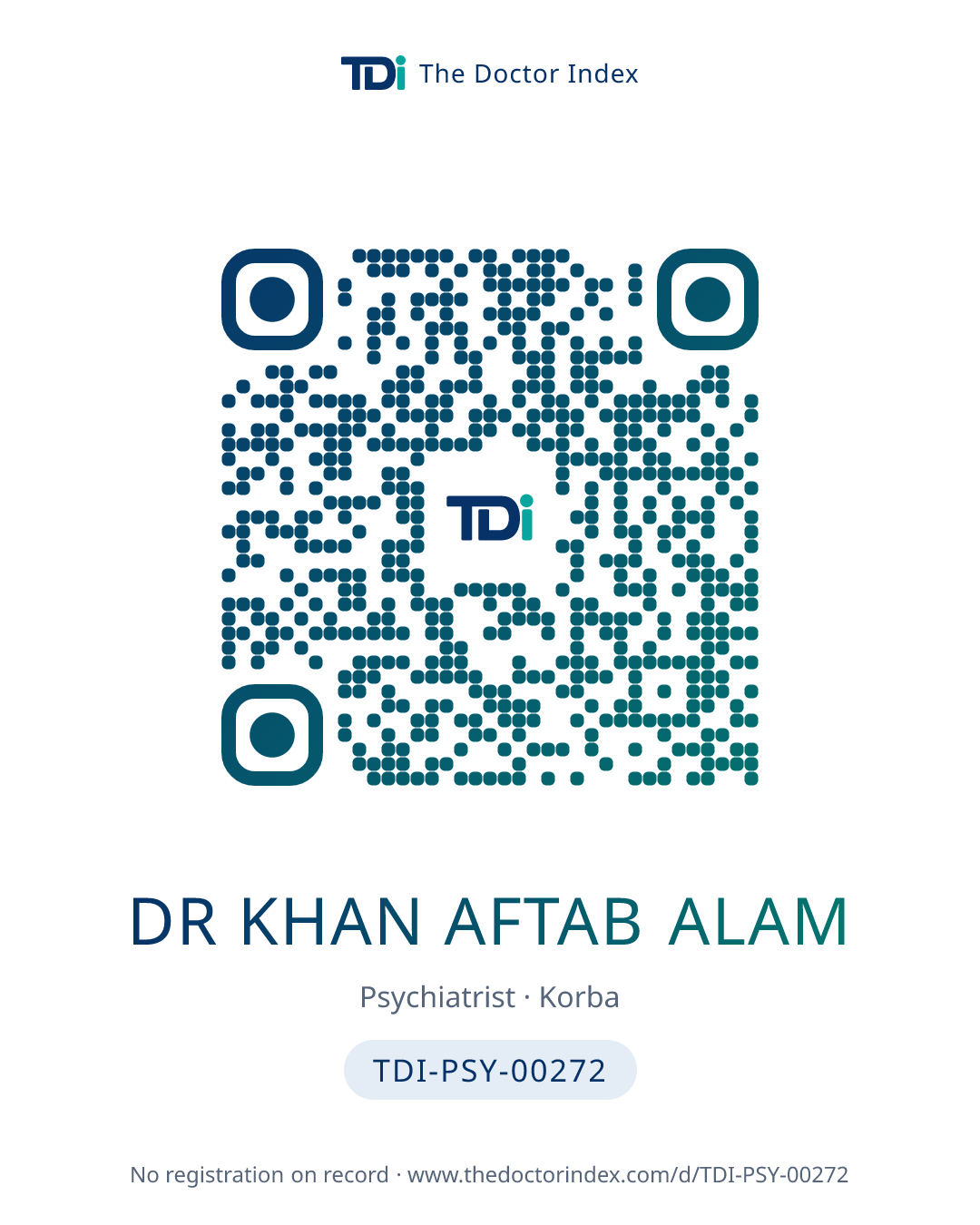 QR card for Dr Khan Aftab Alam, TDI-PSY-00272