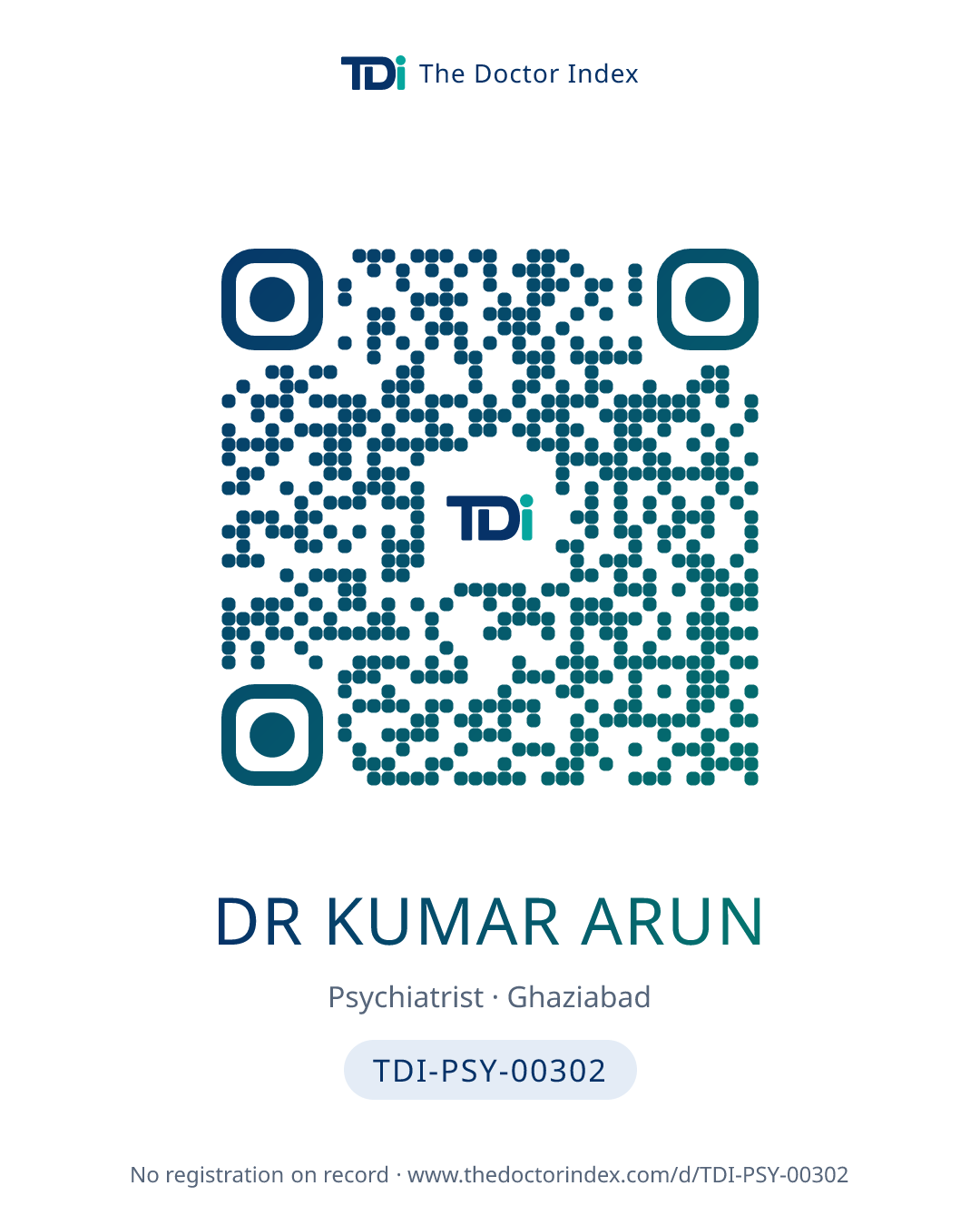 QR card for Dr Kumar Arun, TDI-PSY-00302