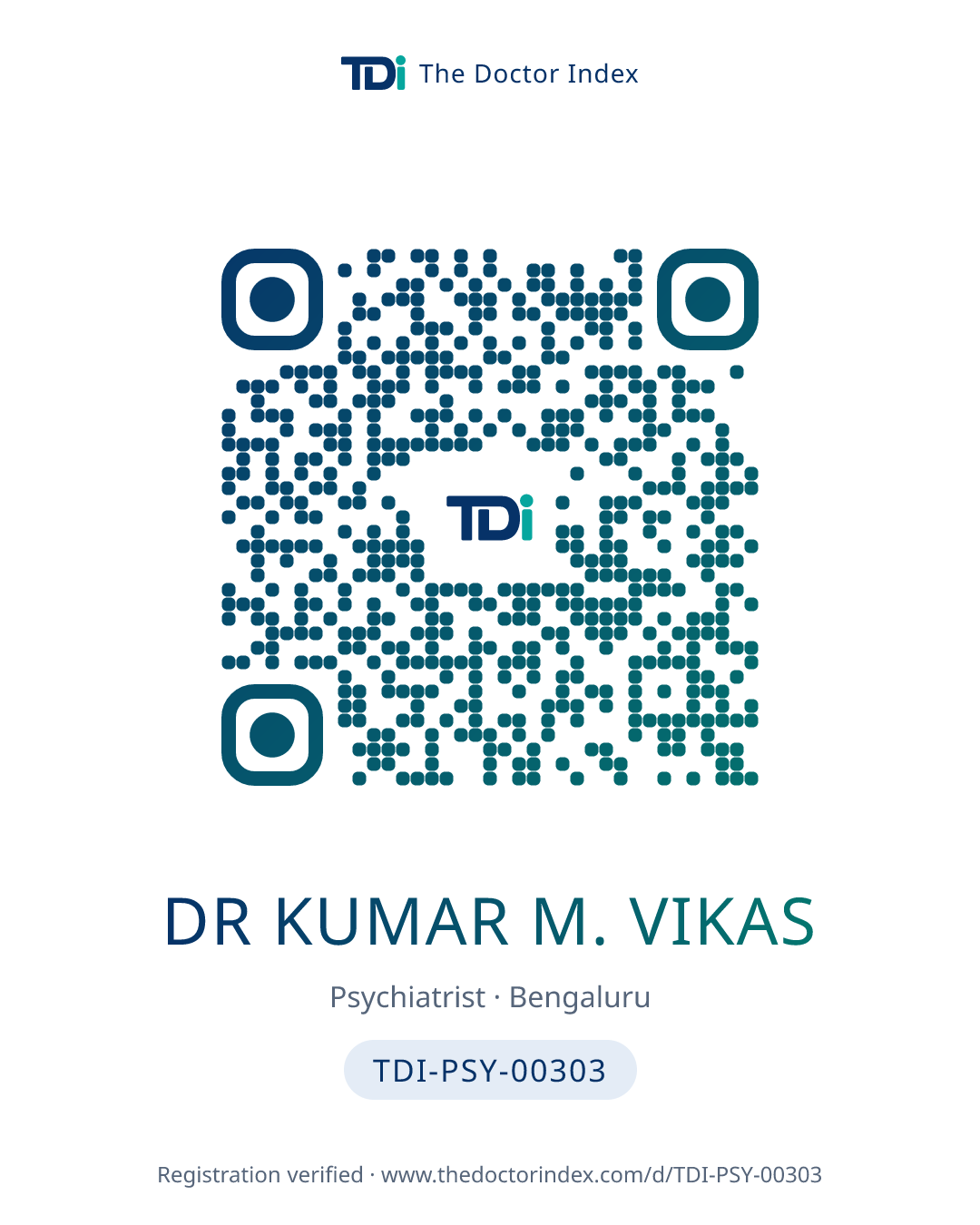 QR card for Dr Kumar M. Vikas, TDI-PSY-00303