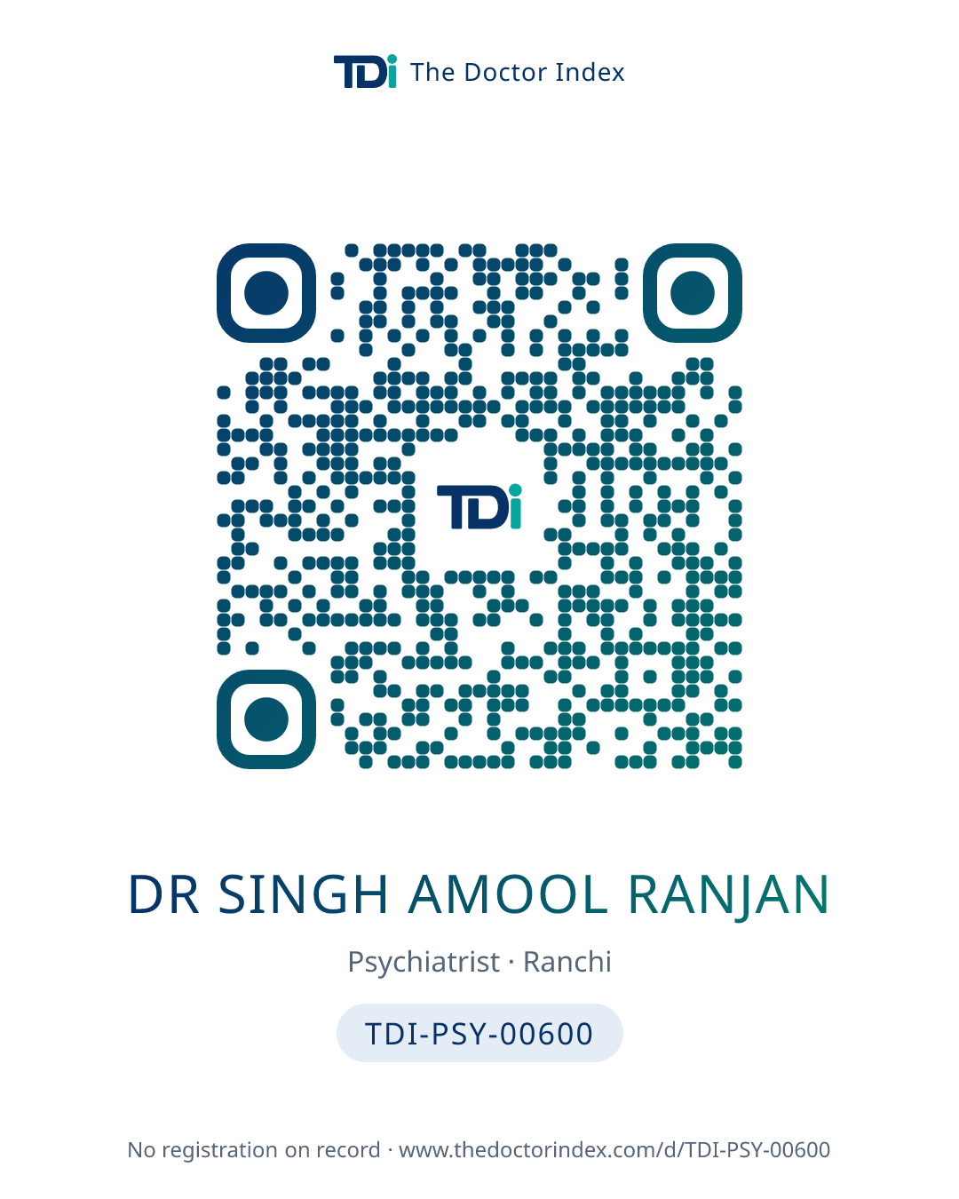QR card for Dr Singh Amool Ranjan, TDI-PSY-00600