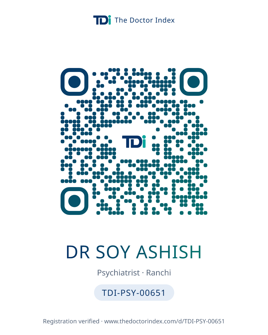 QR card for Dr Soy Ashish, TDI-PSY-00651