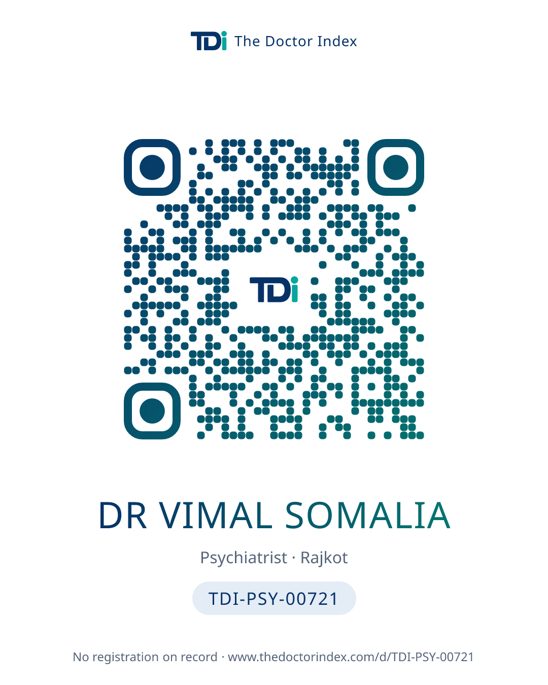 QR card for Dr Vimal Somalia, TDI-PSY-00721