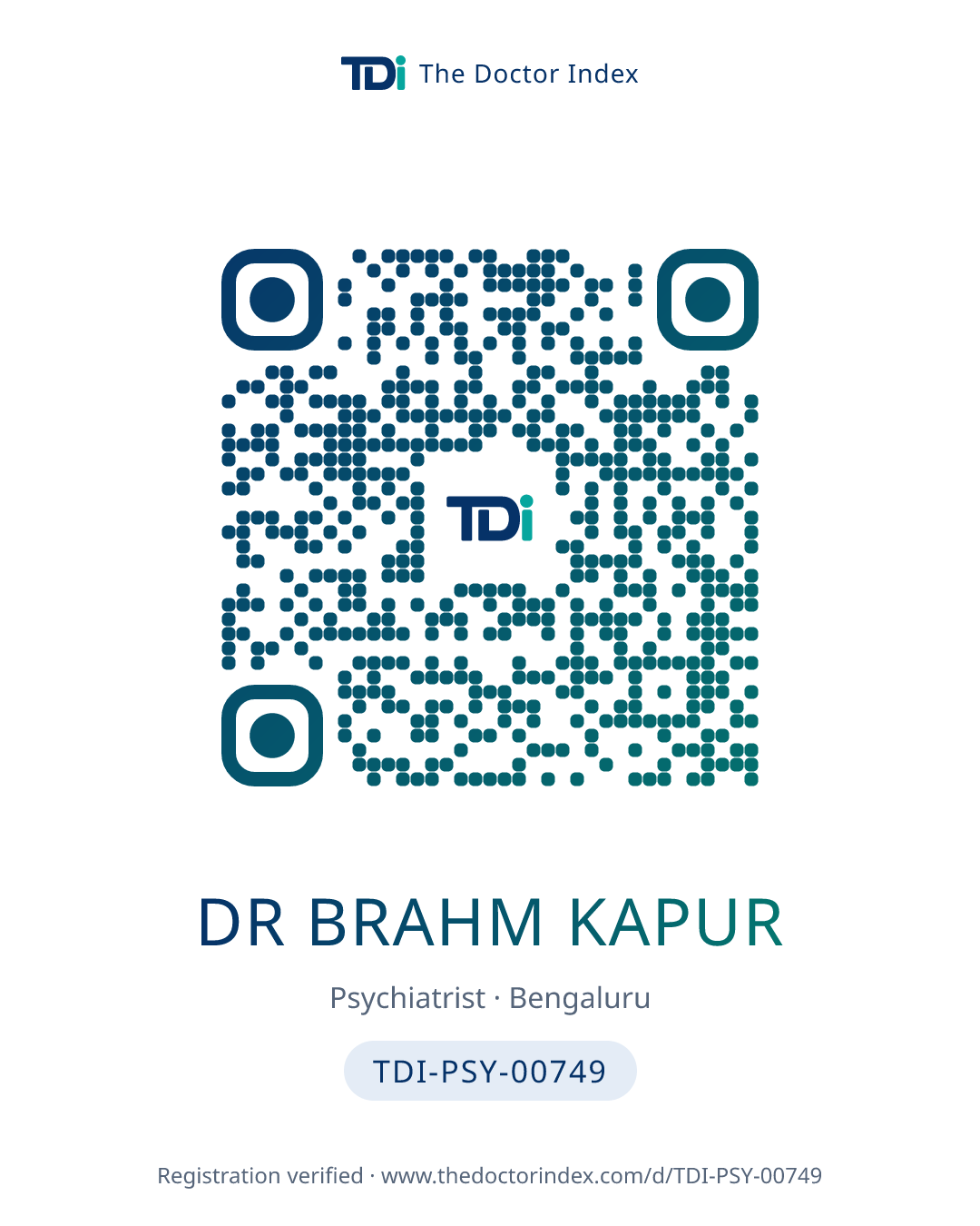 QR card for Dr Brahm Kapur, TDI-PSY-00749