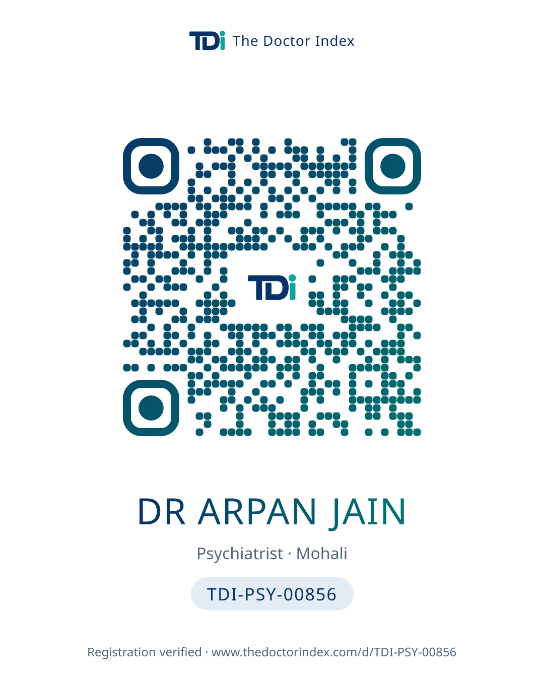 QR card for Dr Arpan Jain, TDI-PSY-00856