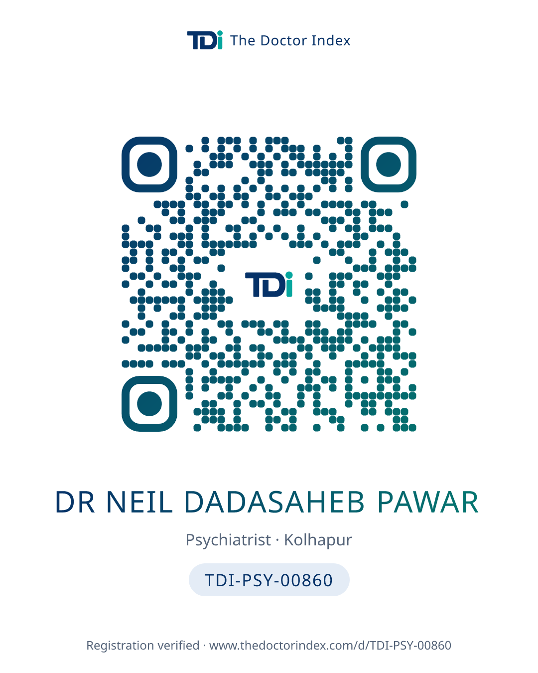 QR card for Dr Neil Dadasaheb Pawar, TDI-PSY-00860