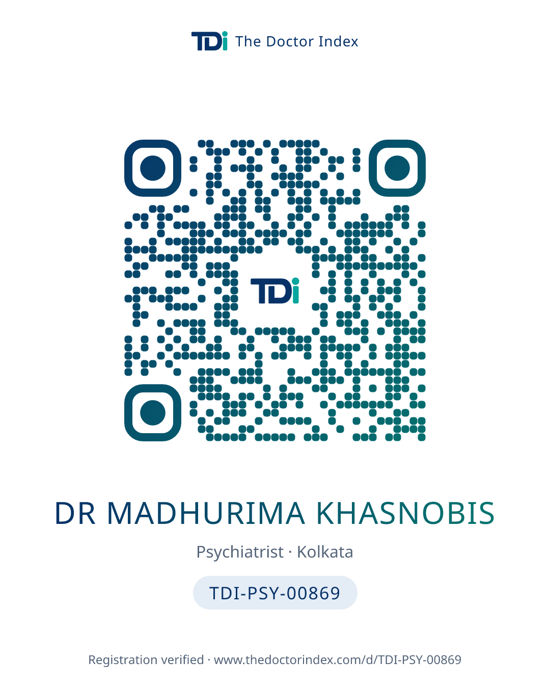 QR card for Dr Madhurima Khasnobis, TDI-PSY-00869