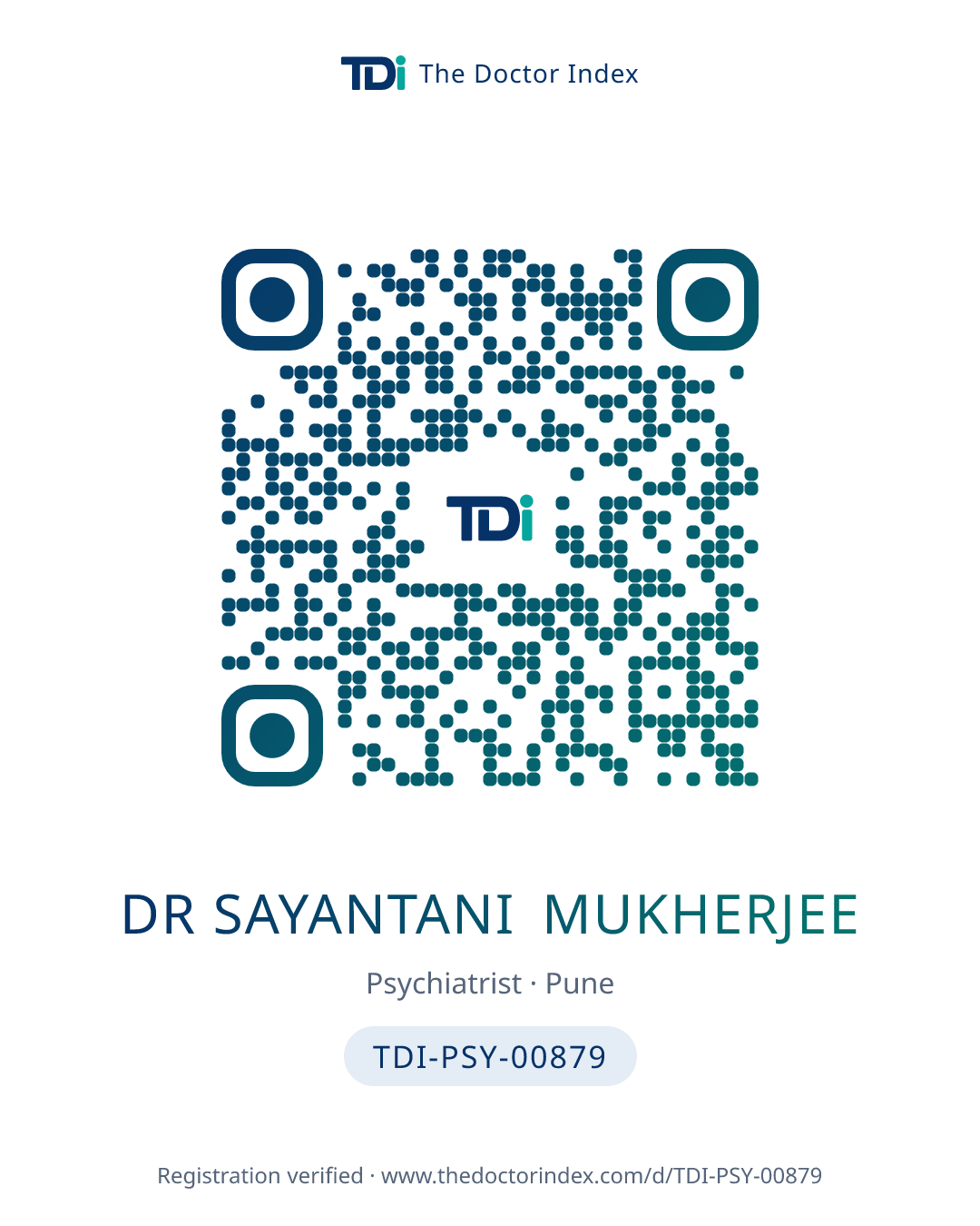 QR card for Dr Sayantani Mukherjee, TDI-PSY-00879
