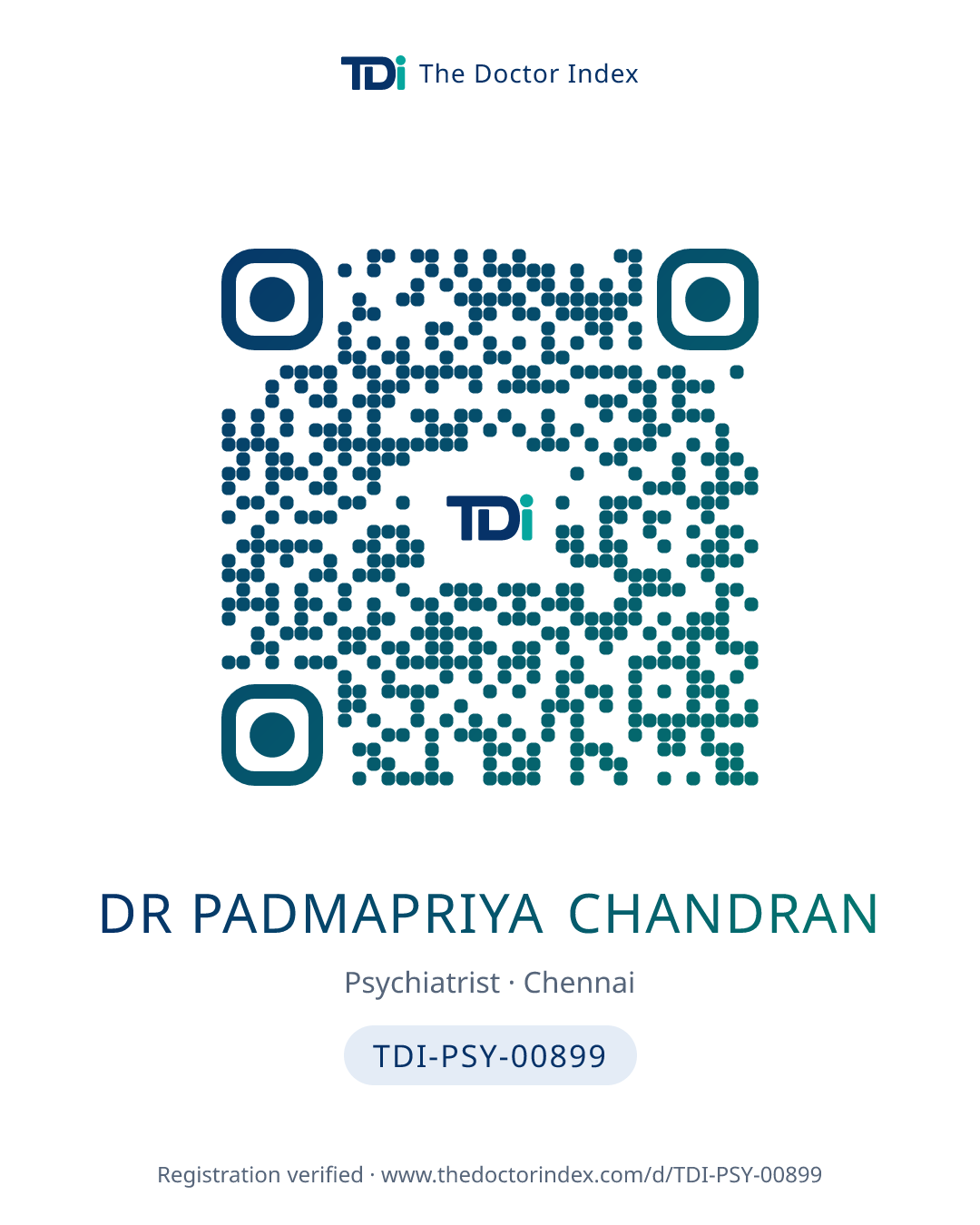 QR card for Dr Padmapriya Chandran, TDI-PSY-00899