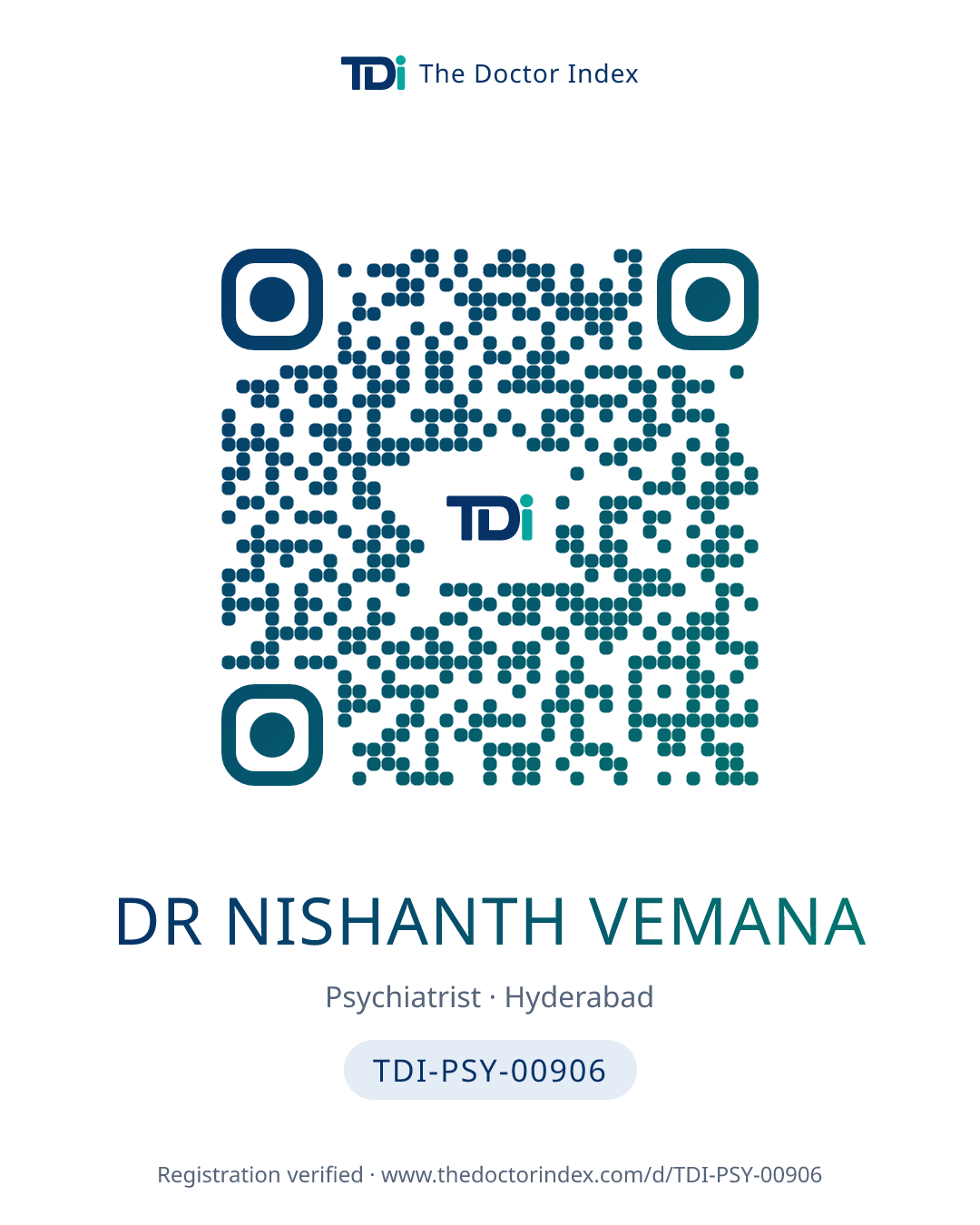 QR card for Dr Nishanth Vemana, TDI-PSY-00906