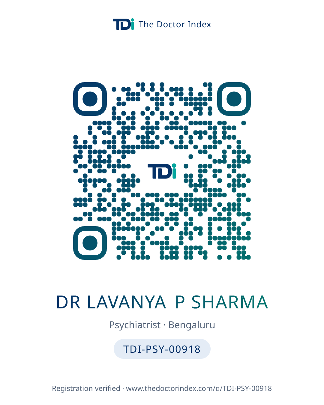QR card for Dr Lavanya P Sharma, TDI-PSY-00918