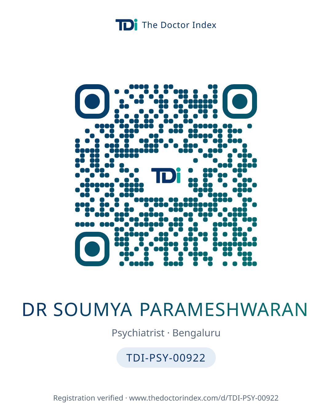 QR card for Dr Soumya Parameshwaran, TDI-PSY-00922