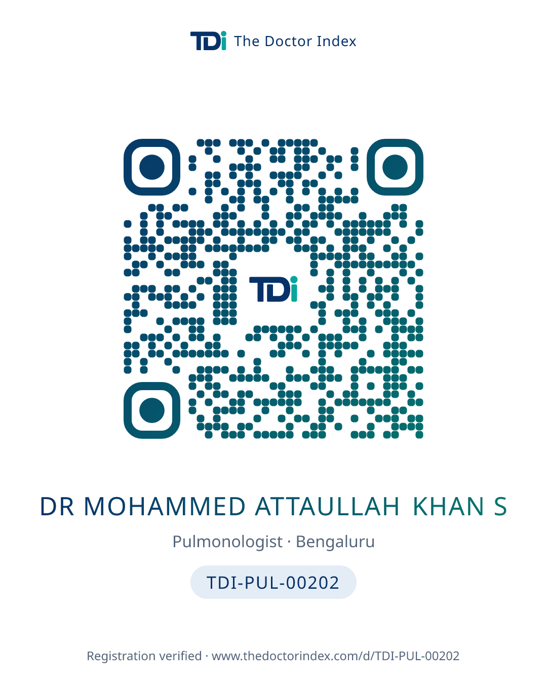 QR card for Dr MOHAMMED ATTAULLAH KHAN S, TDI-PUL-00202