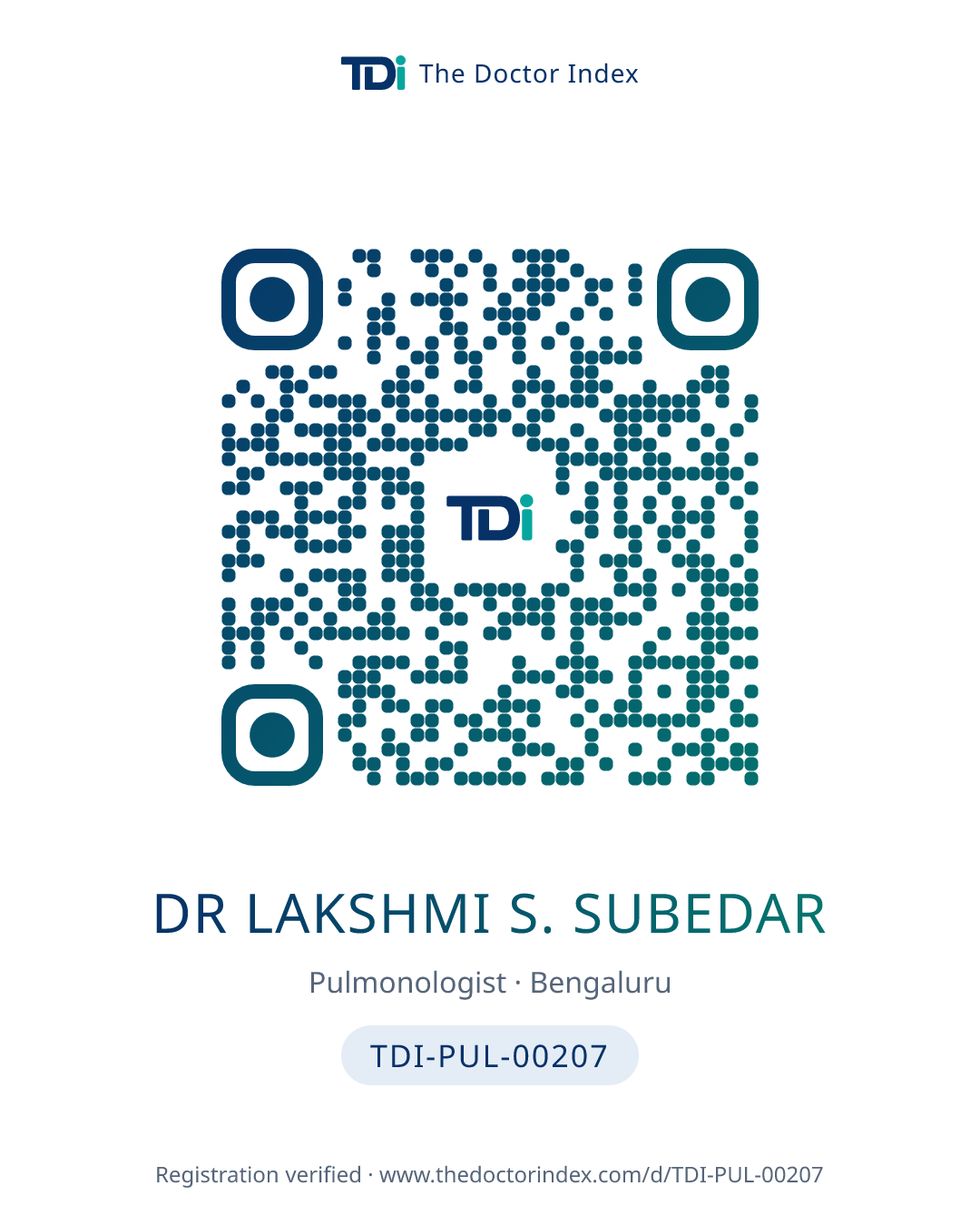 QR card for Dr Lakshmi S. Subedar, TDI-PUL-00207