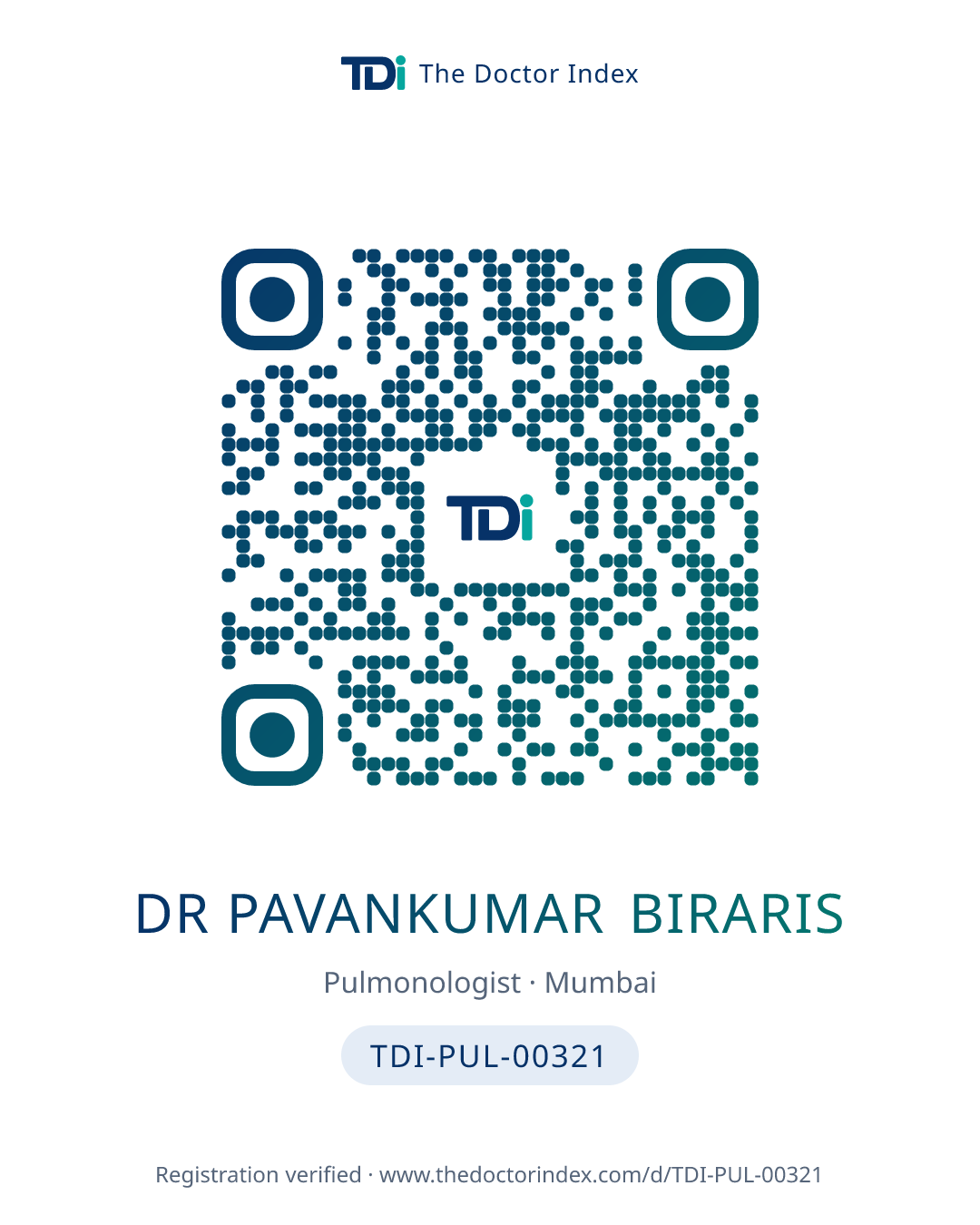 QR card for Dr Pavankumar Biraris, TDI-PUL-00321