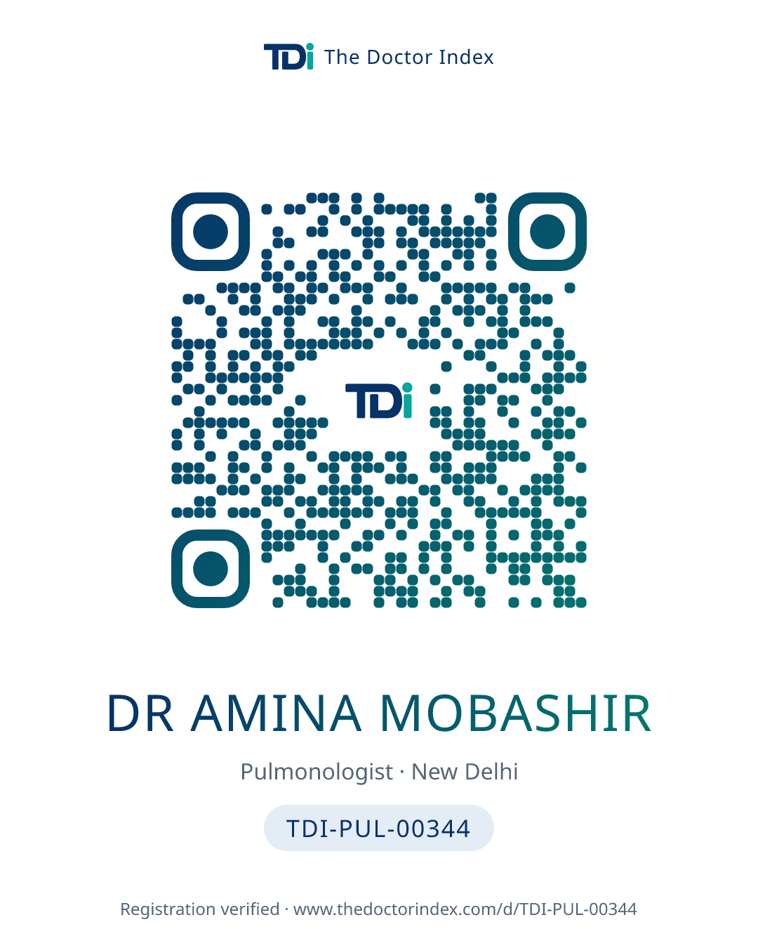 QR card for Dr Amina Mobashir, TDI-PUL-00344