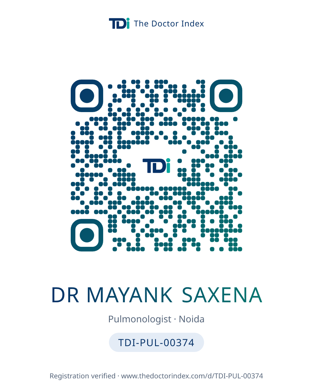 QR card for Dr Mayank Saxena, TDI-PUL-00374
