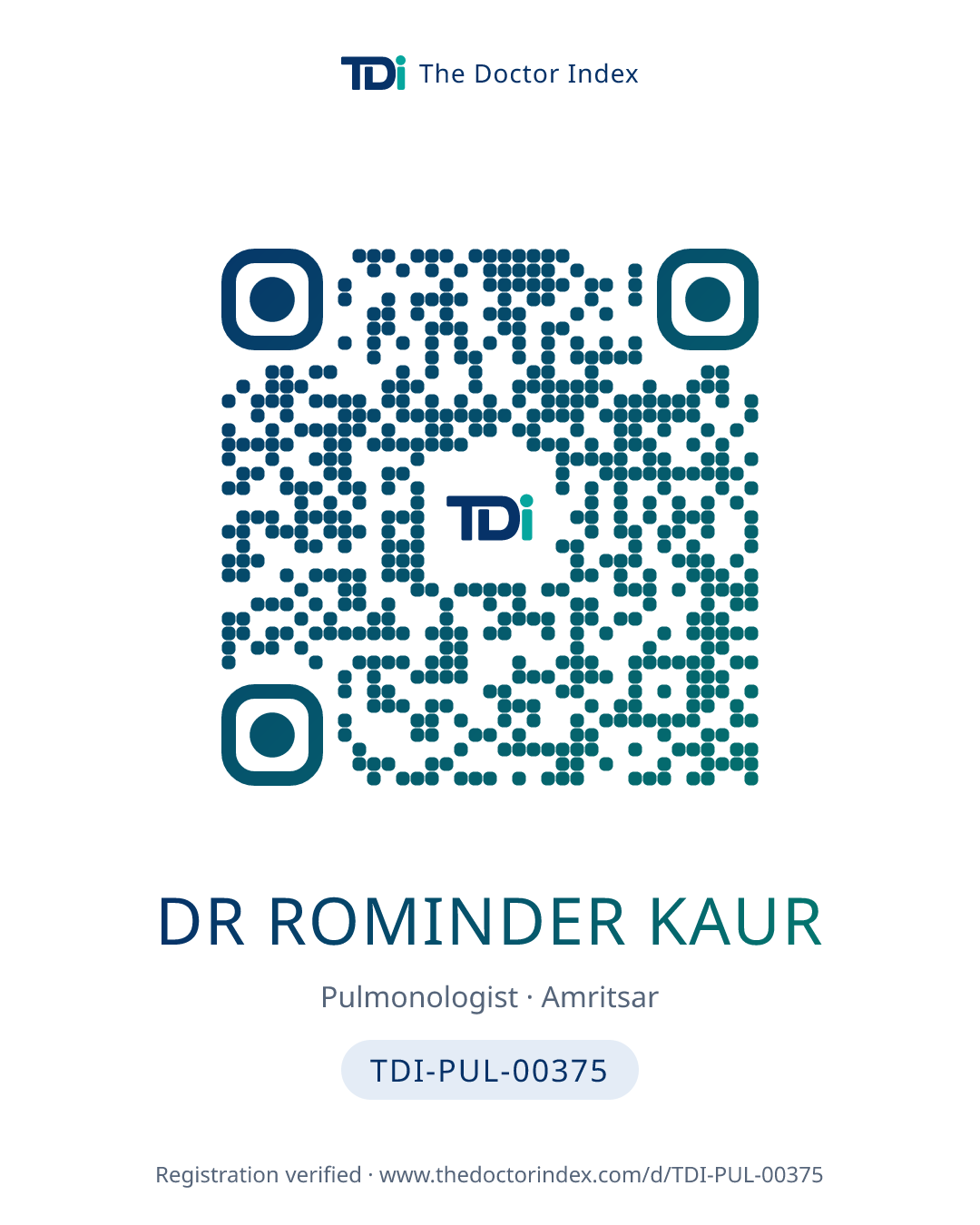 QR card for Dr Rominder Kaur, TDI-PUL-00375
