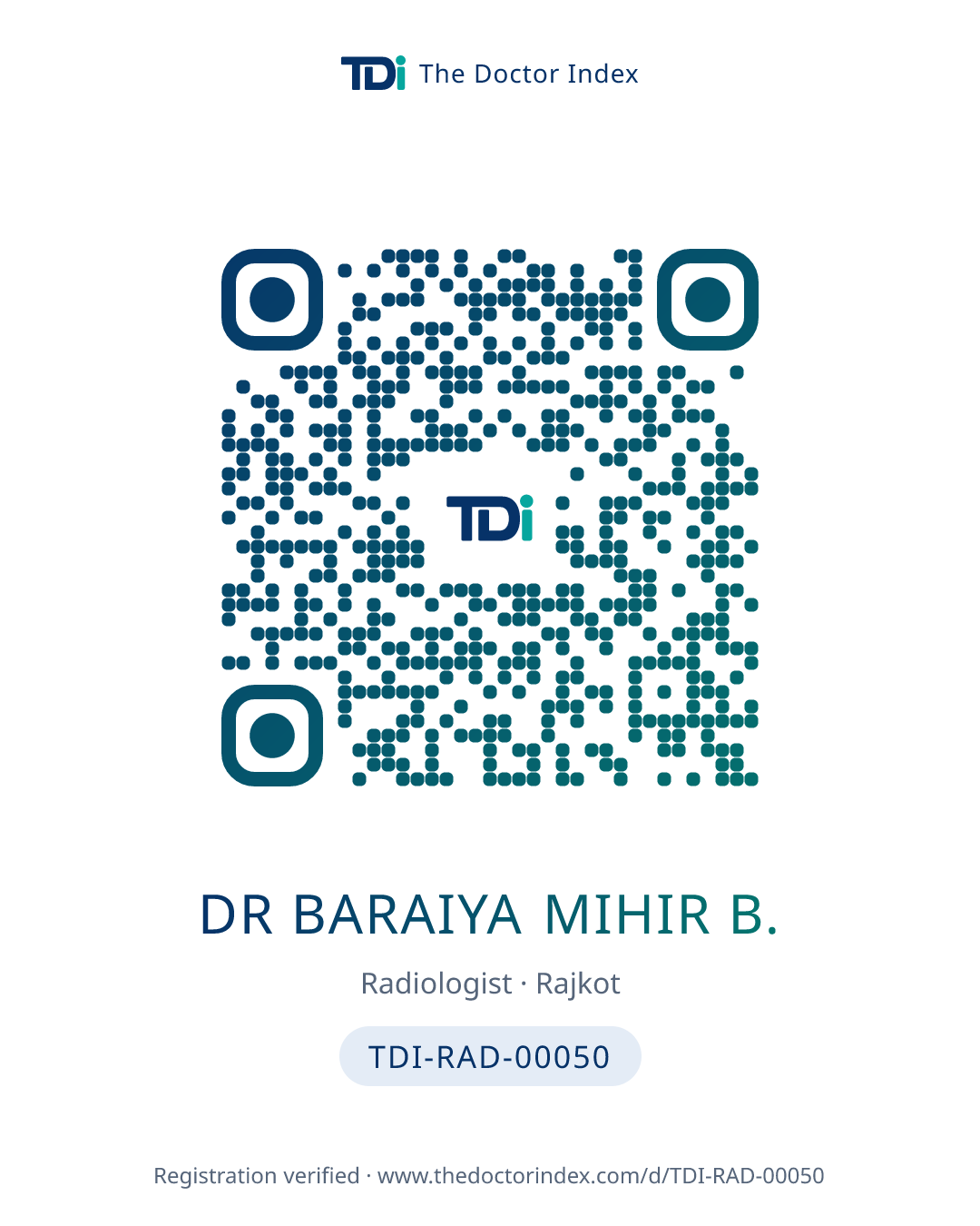 QR card for Dr Baraiya Mihir B., TDI-RAD-00050