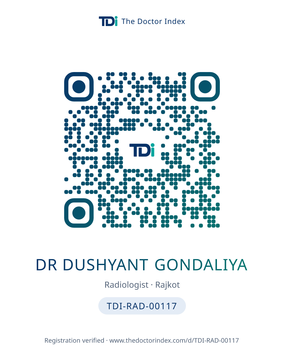 QR card for Dr Dushyant Gondaliya, TDI-RAD-00117