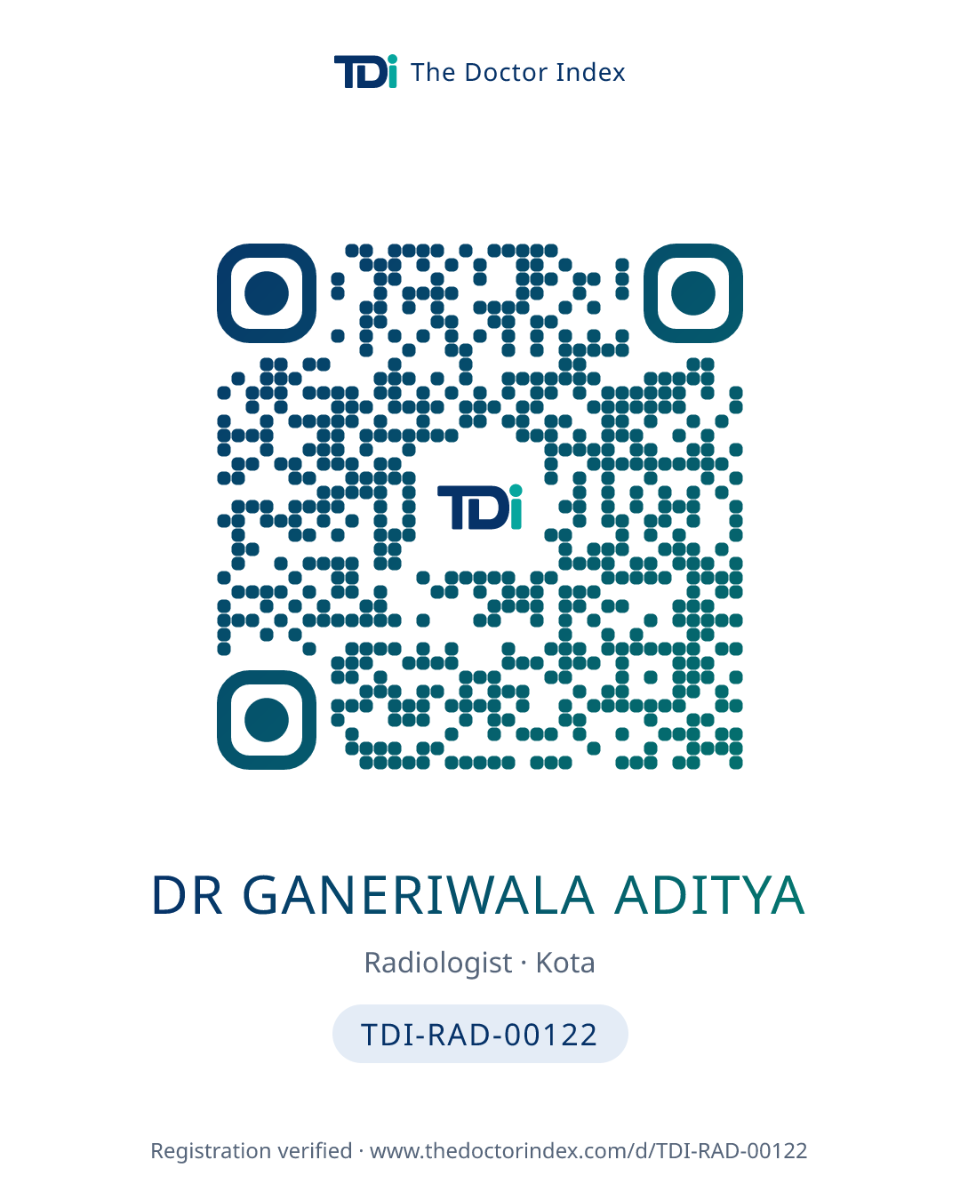 QR card for Dr Ganeriwala Aditya, TDI-RAD-00122