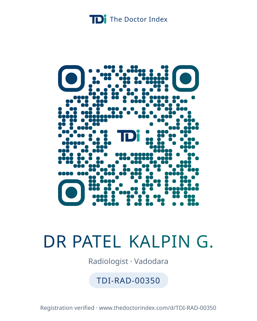 QR card for Dr Patel Kalpin G., TDI-RAD-00350