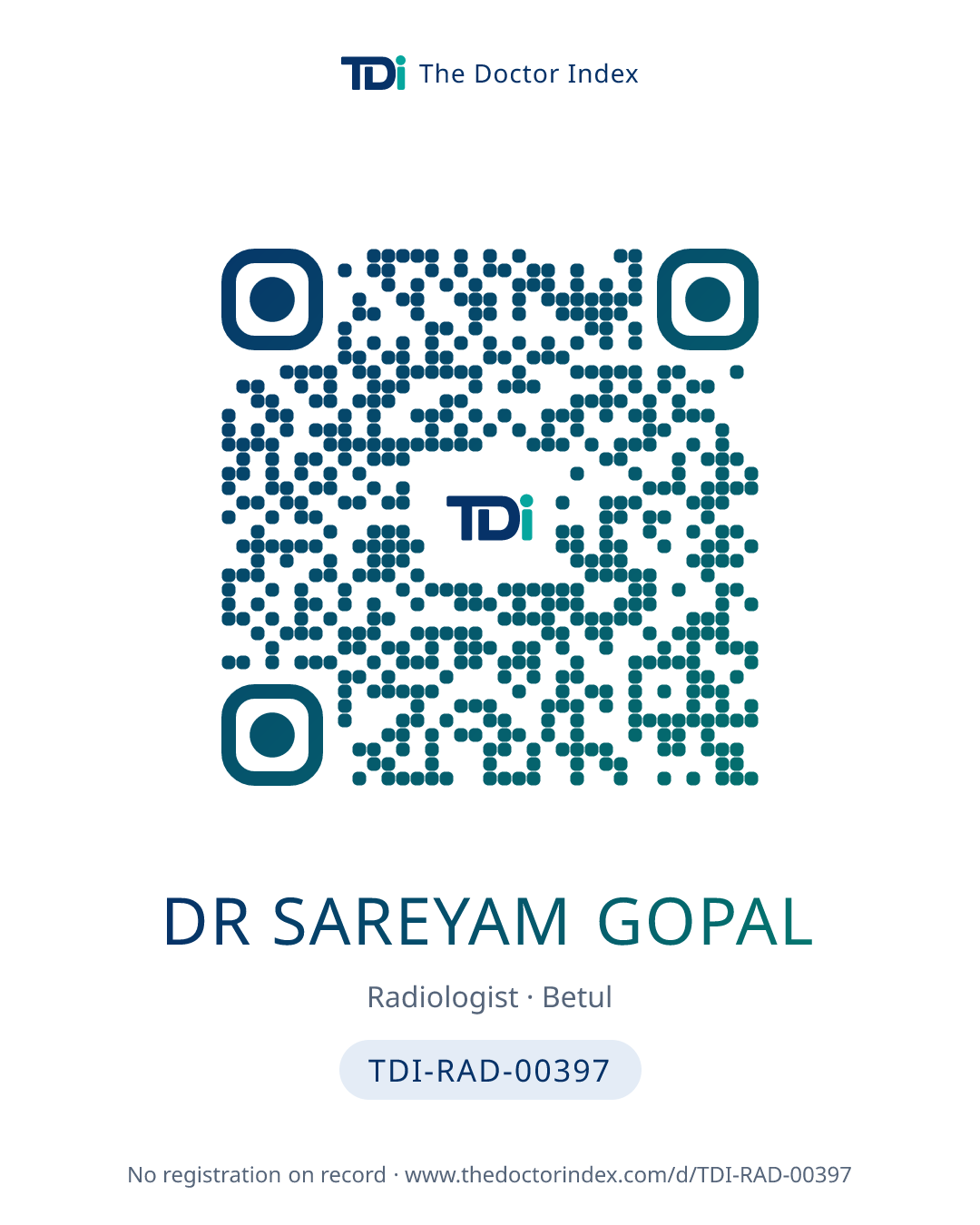 QR card for Dr Sareyam Gopal, TDI-RAD-00397