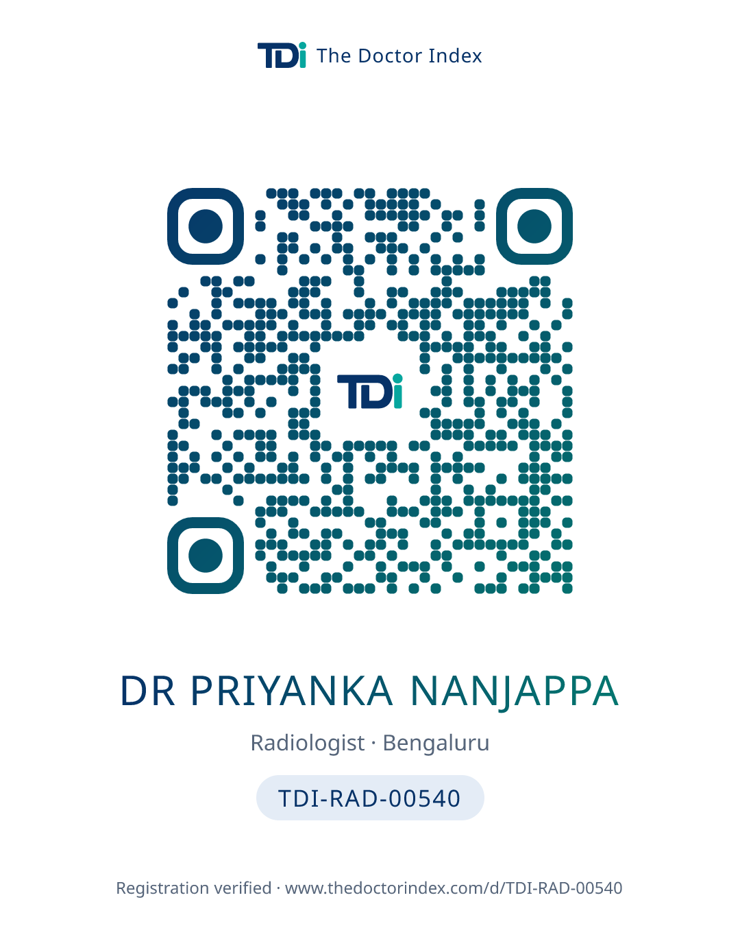 QR card for Dr Priyanka Nanjappa, TDI-RAD-00540