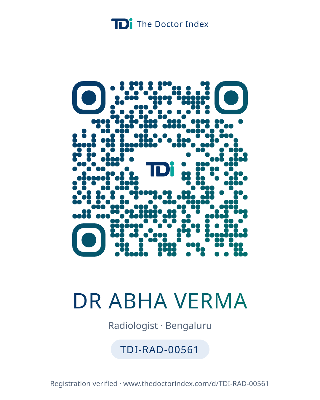 QR card for Dr Abha Verma, TDI-RAD-00561