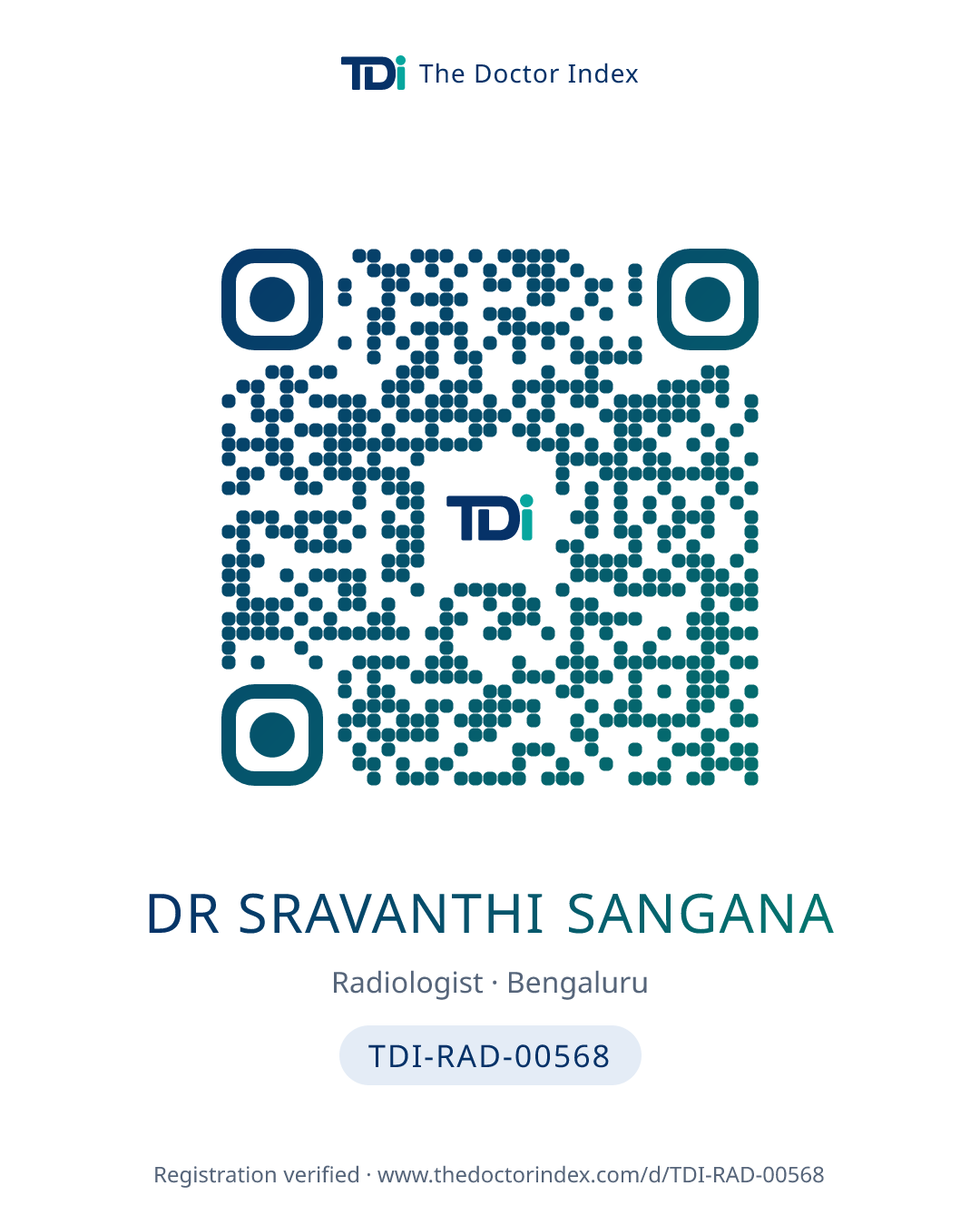 QR card for Dr Sravanthi Sangana, TDI-RAD-00568