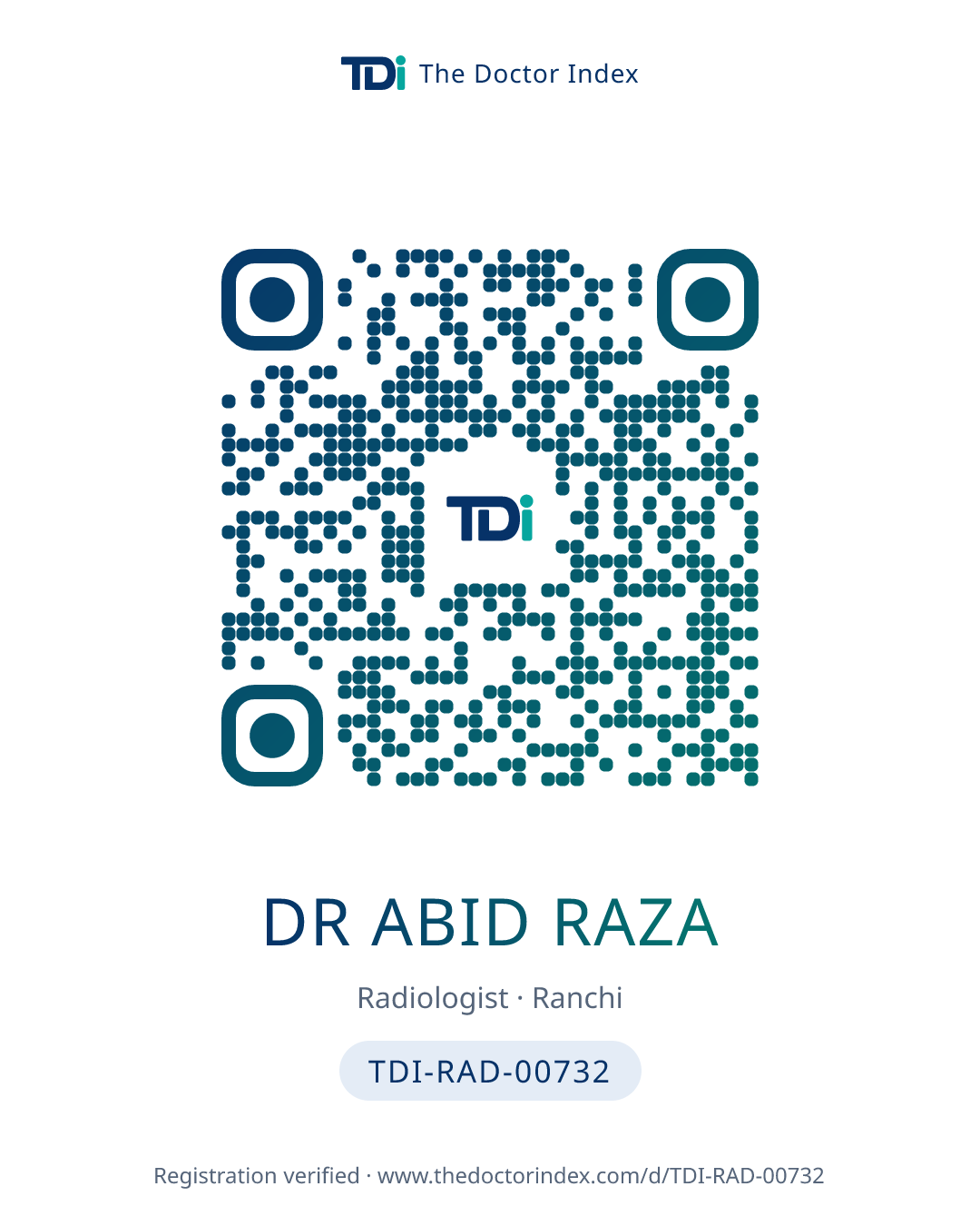 QR card for Dr Abid Raza, TDI-RAD-00732