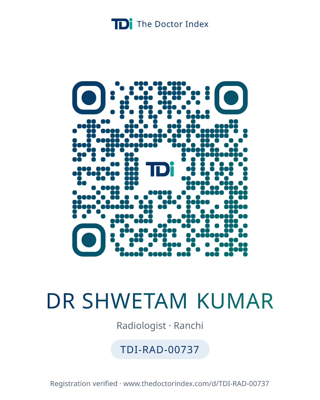 QR card for Dr Shwetam Kumar, TDI-RAD-00737