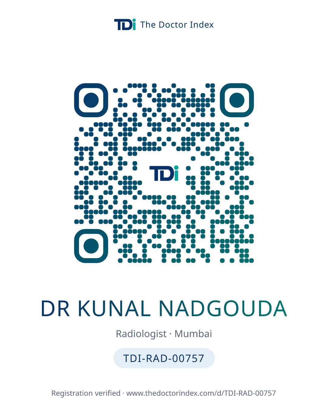 QR card for Dr Kunal Nadgouda, TDI-RAD-00757