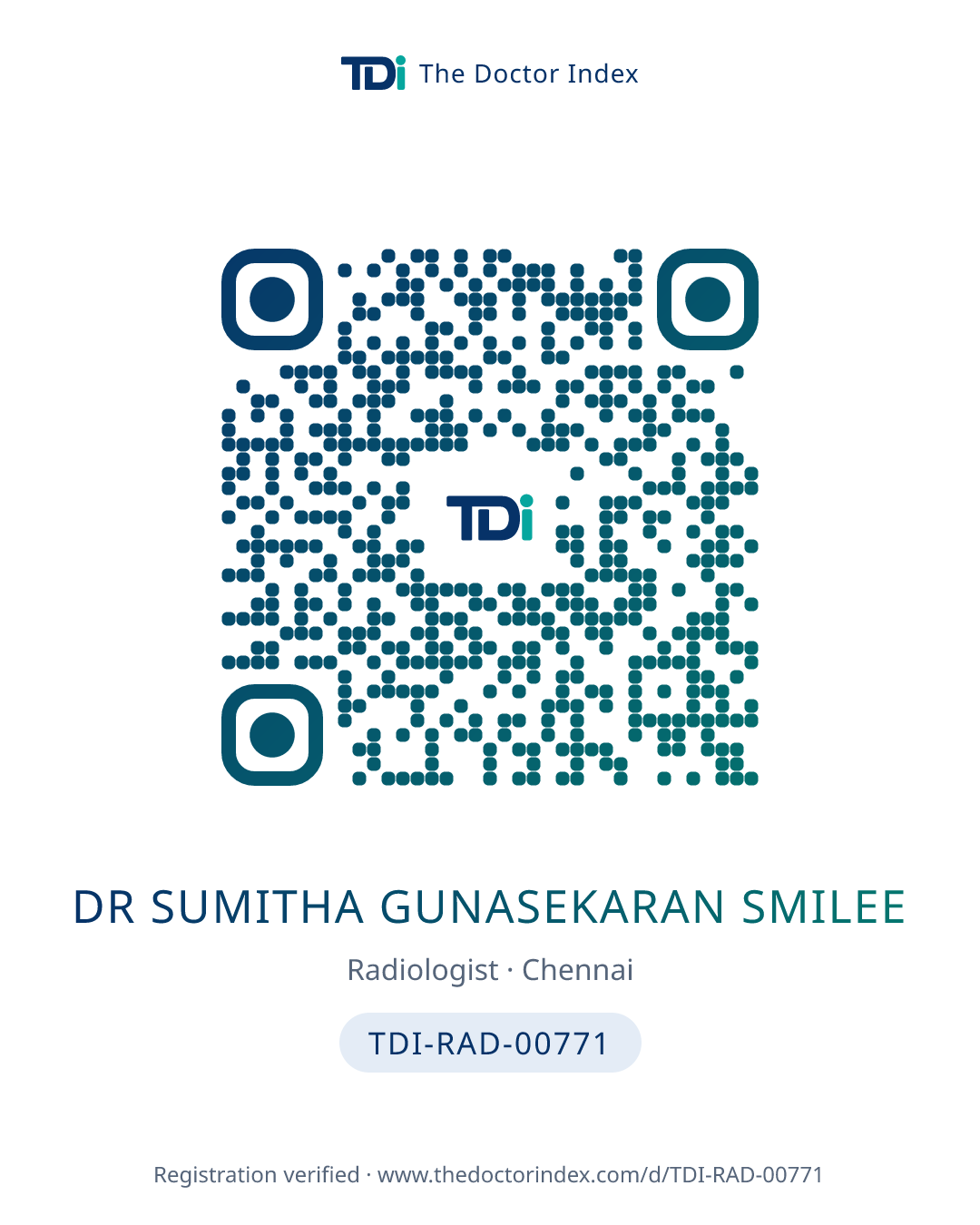 QR card for Dr Sumitha Gunasekaran Smilee, TDI-RAD-00771