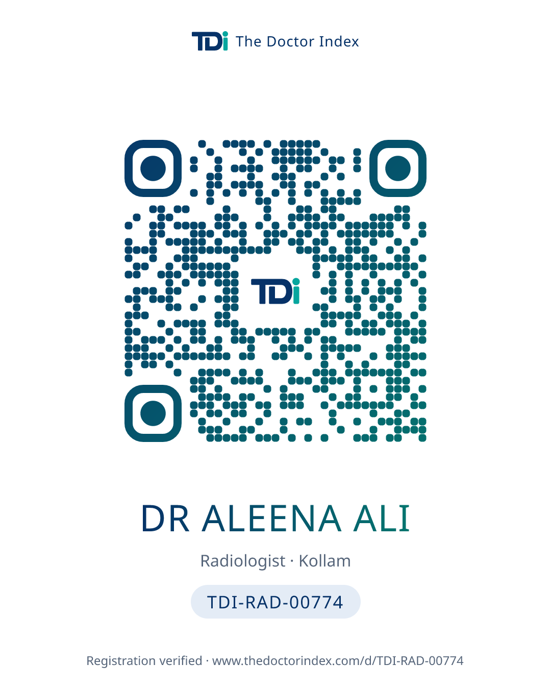 QR card for Dr Aleena Ali, TDI-RAD-00774