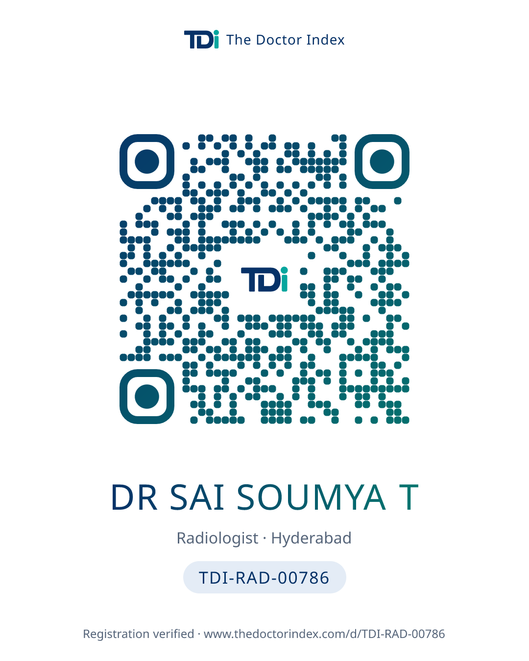 QR card for Dr Sai Soumya T, TDI-RAD-00786