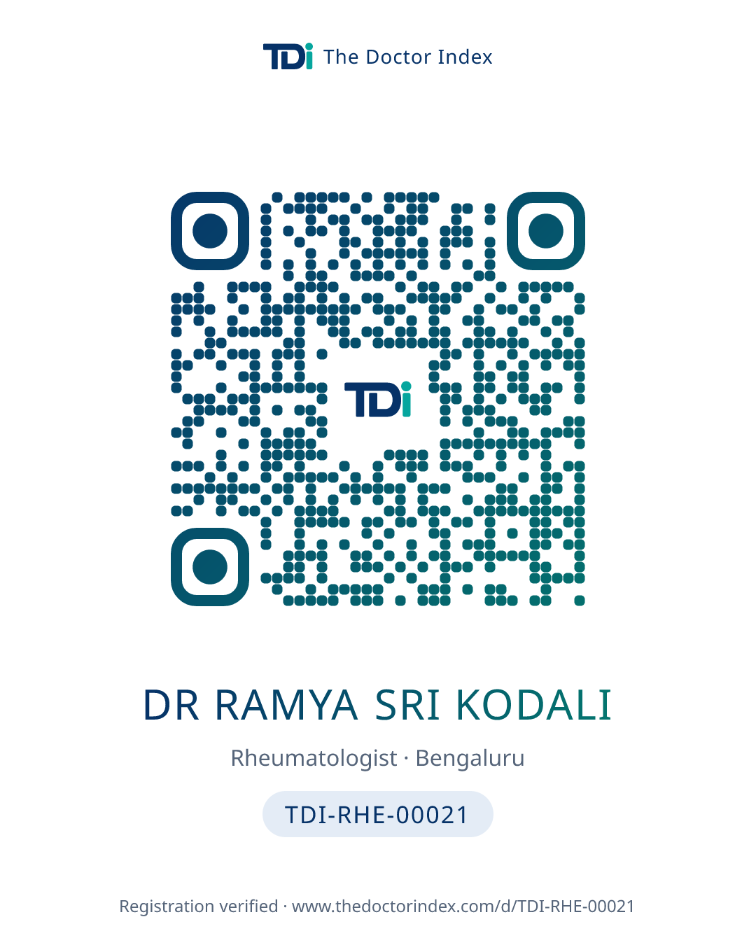 QR card for Dr Ramya Sri Kodali, TDI-RHE-00021