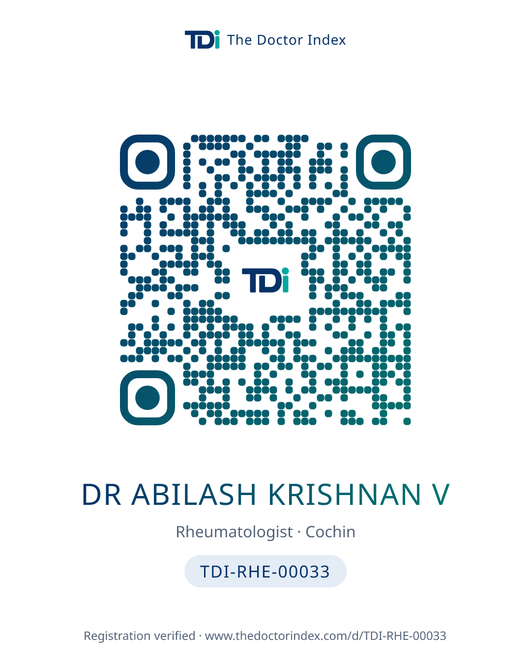 QR card for Dr Abilash Krishnan V, TDI-RHE-00033
