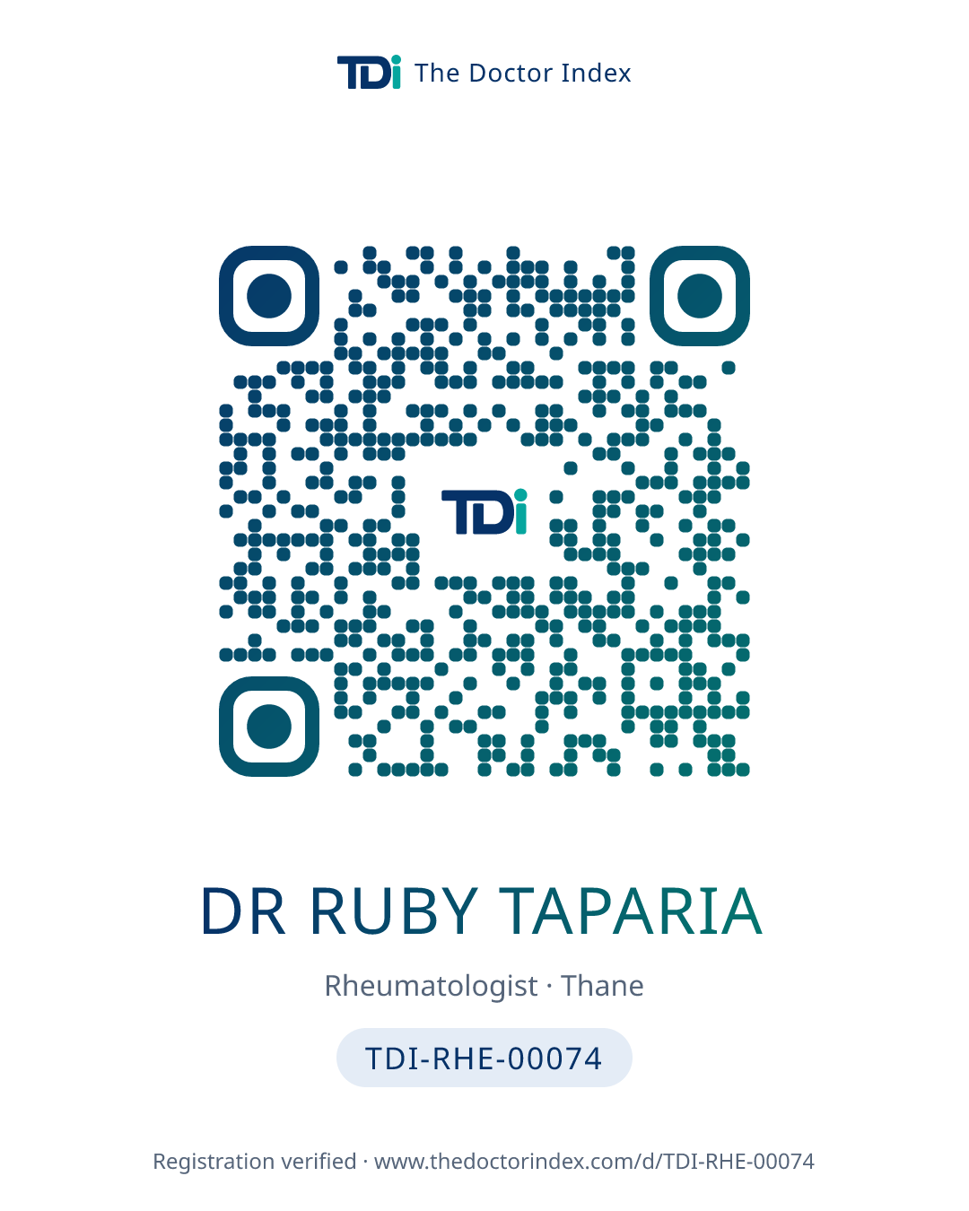 QR card for Dr Ruby Taparia, TDI-RHE-00074