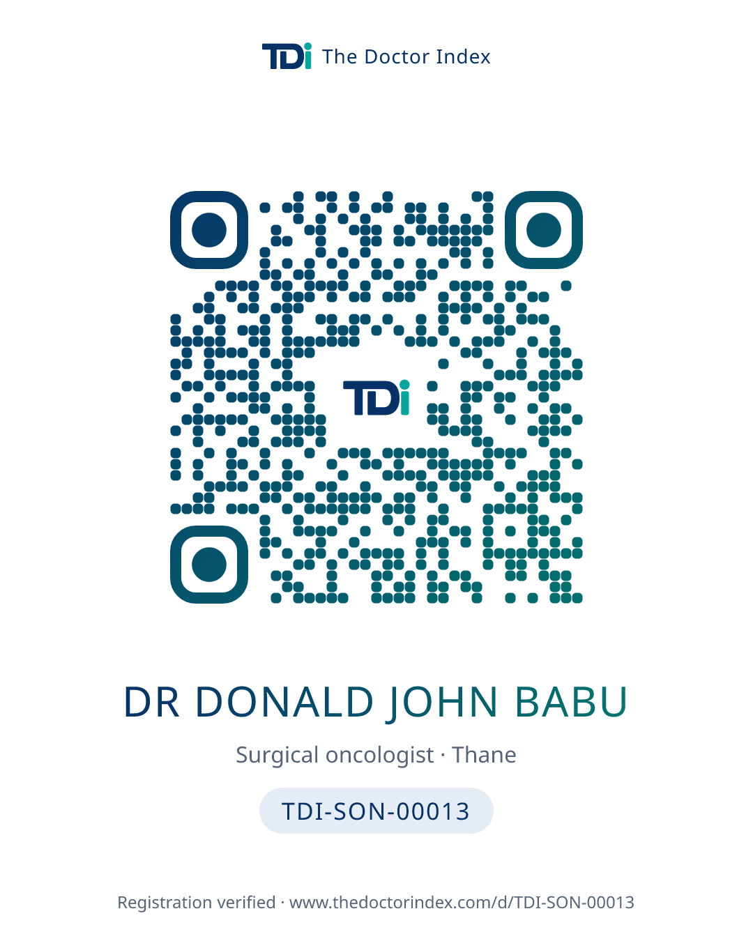 QR card for Dr Donald John Babu, TDI-SON-00013