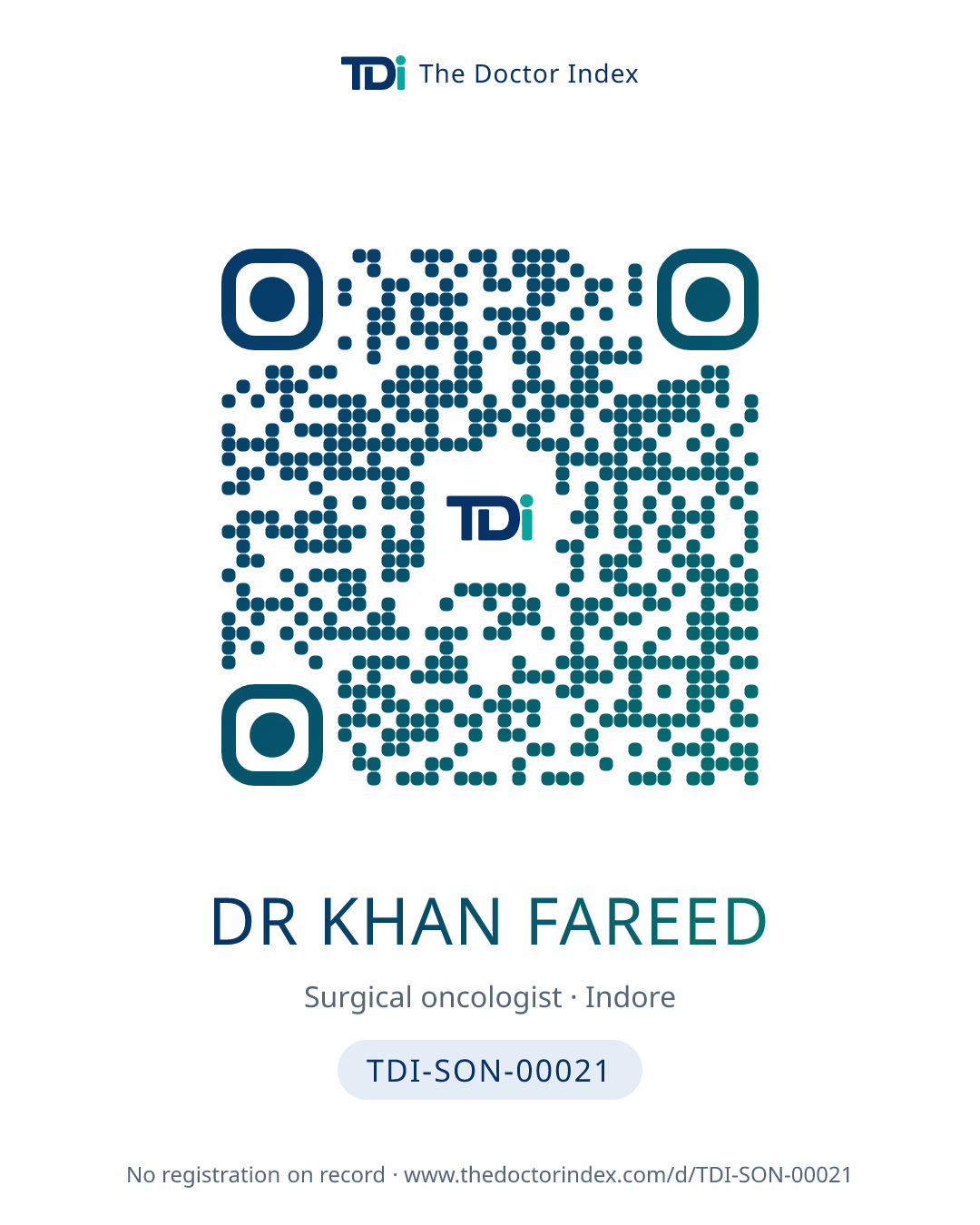 QR card for Dr Khan Fareed, TDI-SON-00021