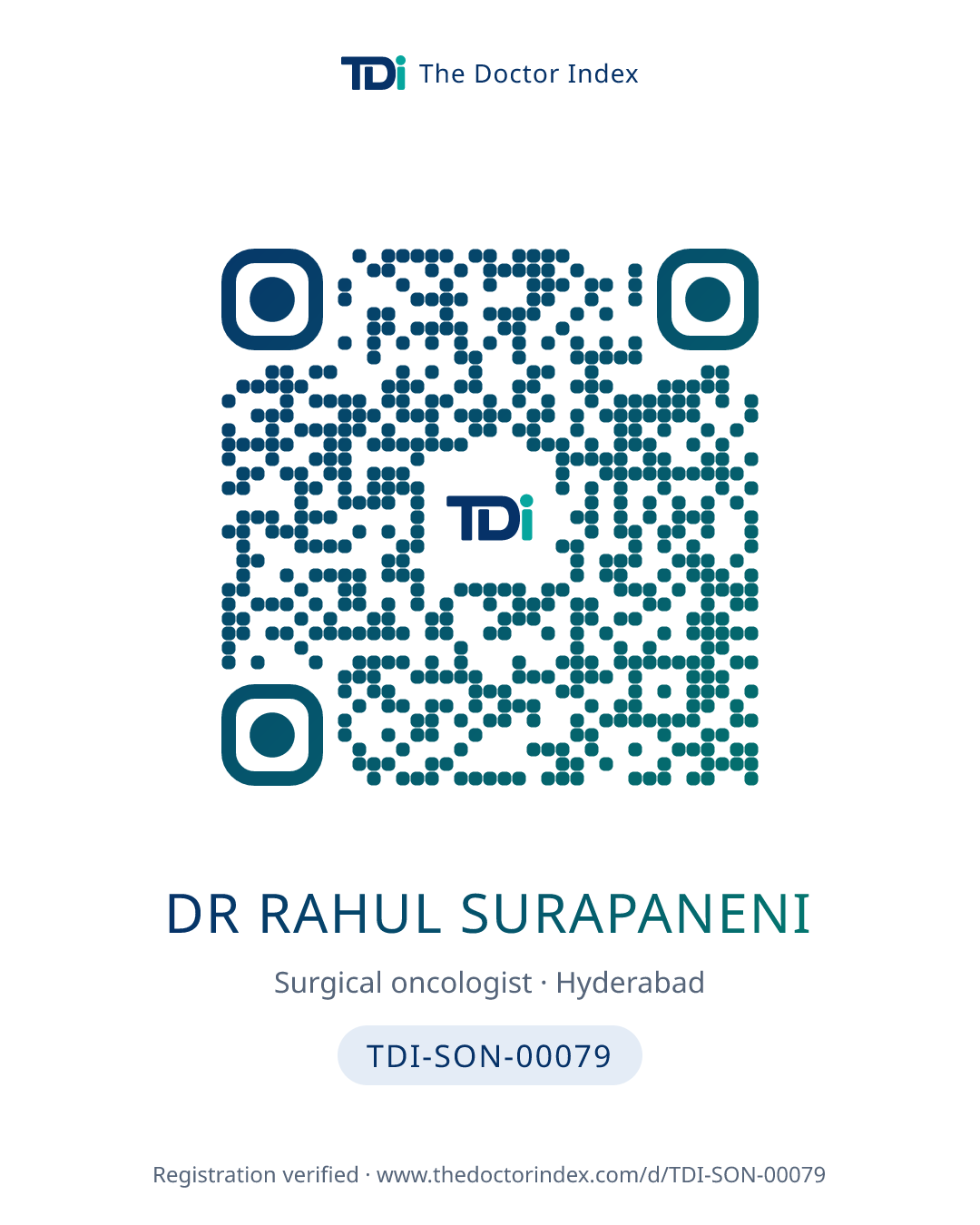 QR card for Dr Rahul Surapaneni, TDI-SON-00079