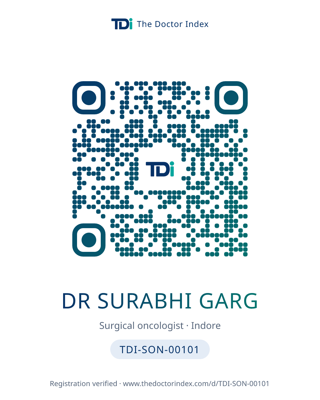 QR card for Dr Surabhi Garg, TDI-SON-00101