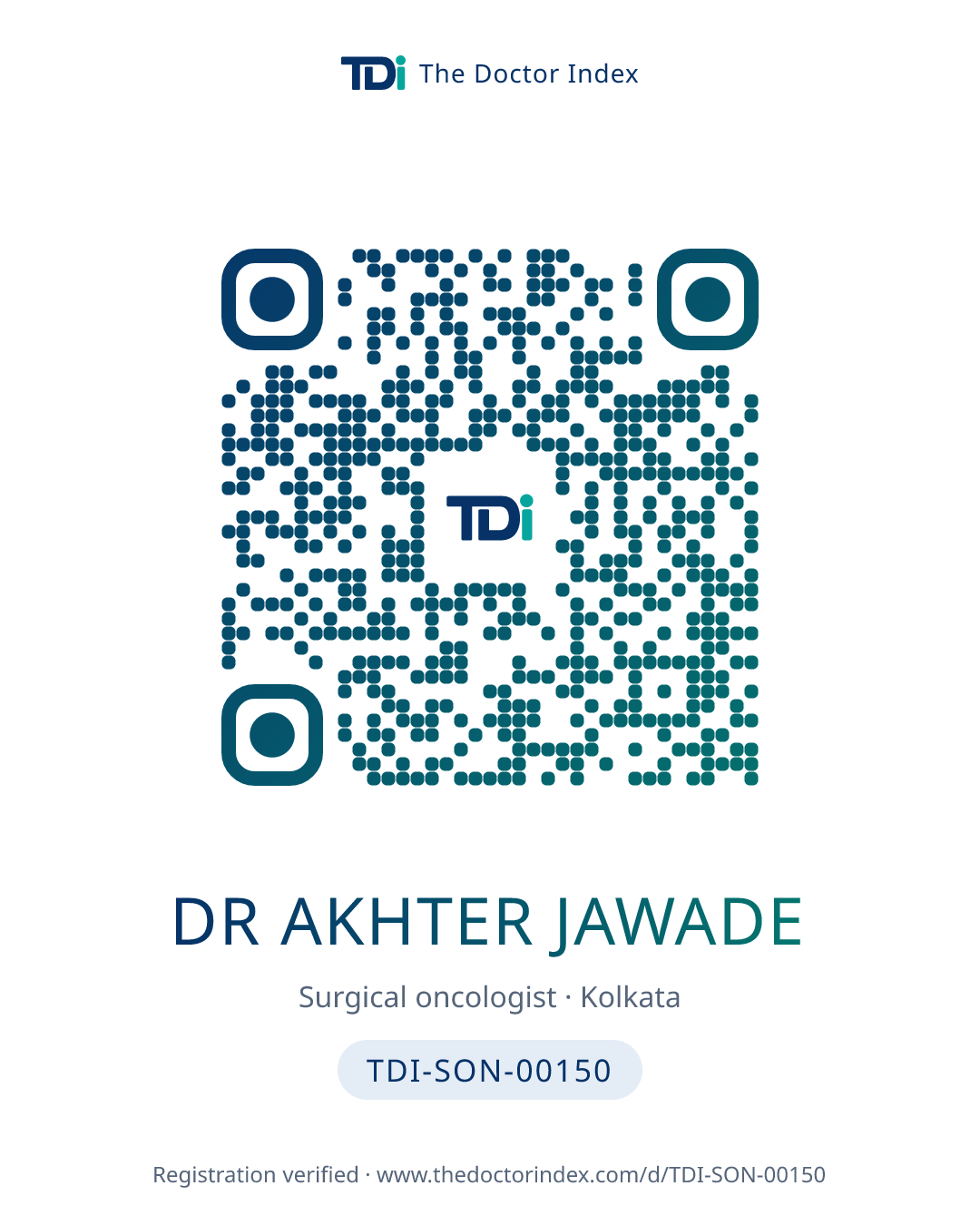 QR card for Dr Akhter Jawade, TDI-SON-00150
